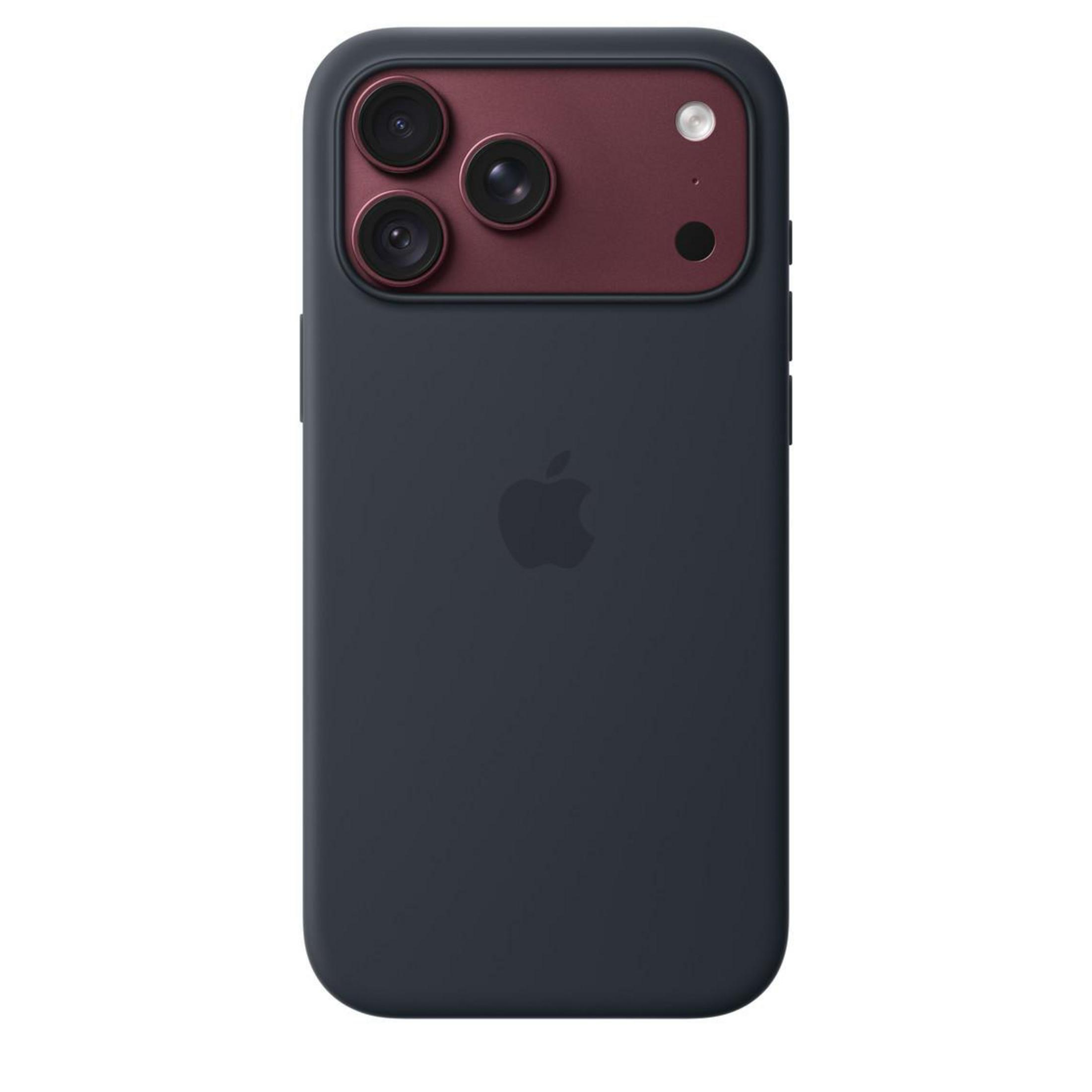 Rückseite eines dunklen Smartphones mit bordeauxroter Kamerainsel, drei Linsen, Blitz und Apple-Logo.