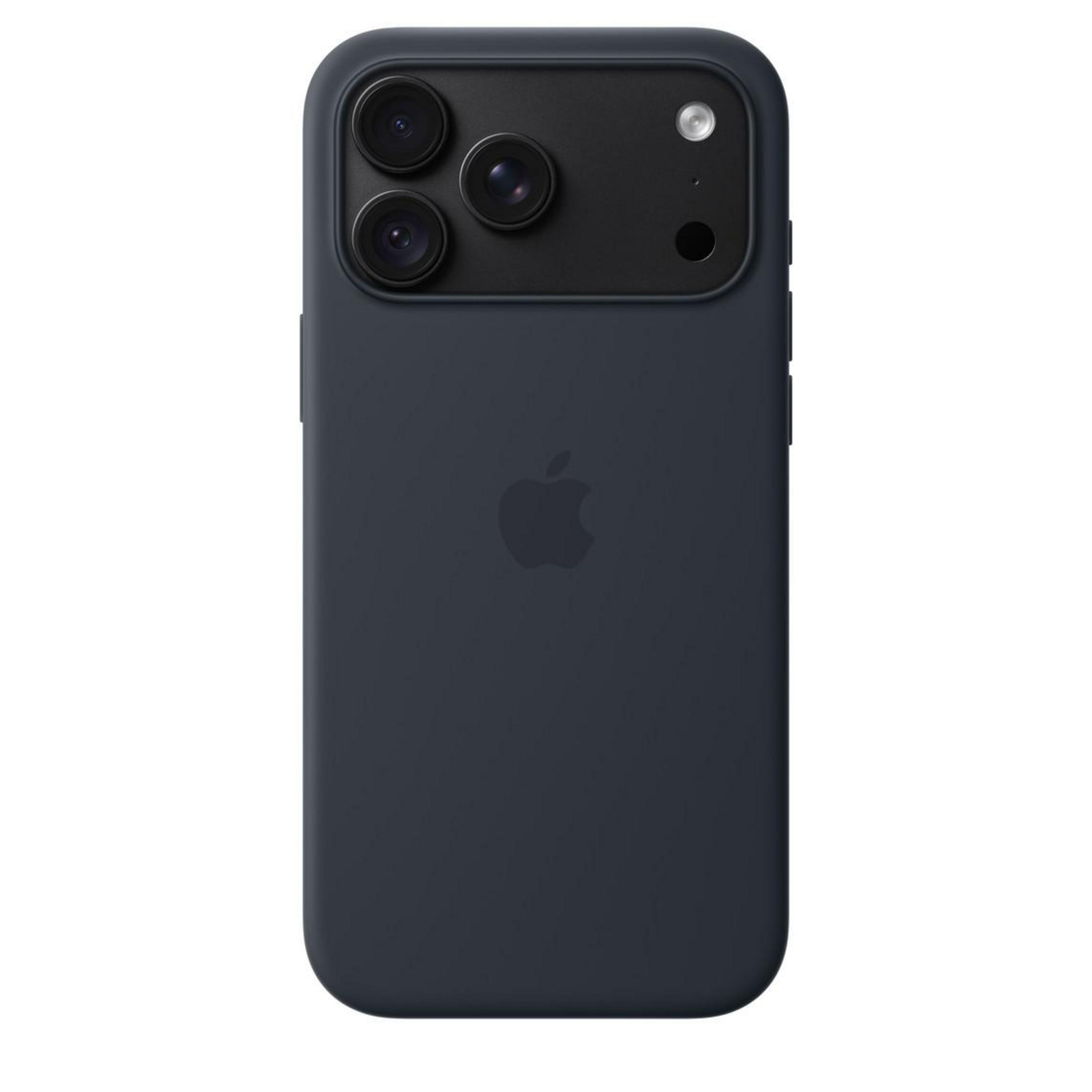 Rückseite eines dunkelblauen Smartphones mit Kamera Modul und Apple Logo.