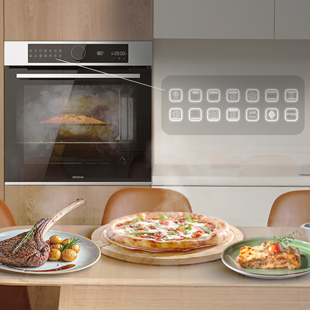 Cocina moderna con horno, panel de control y platos como pizza, carne y lasaña en la mesa.