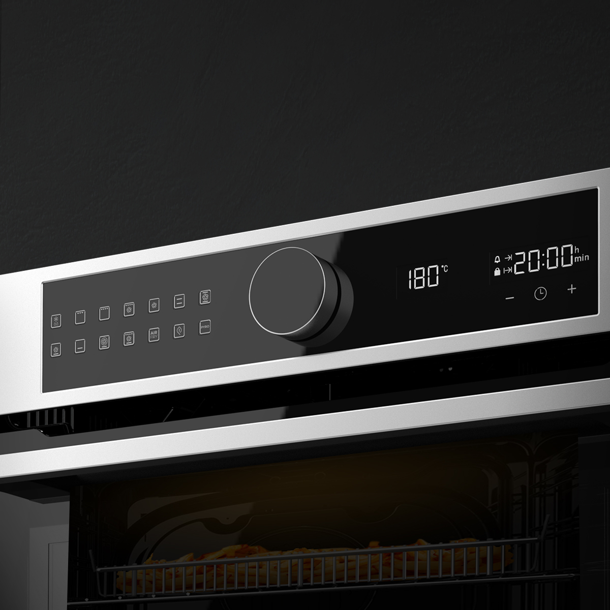 Panel de control del horno con 180°C y 20:00, dial central, iconos táctiles y patatas horneándose.