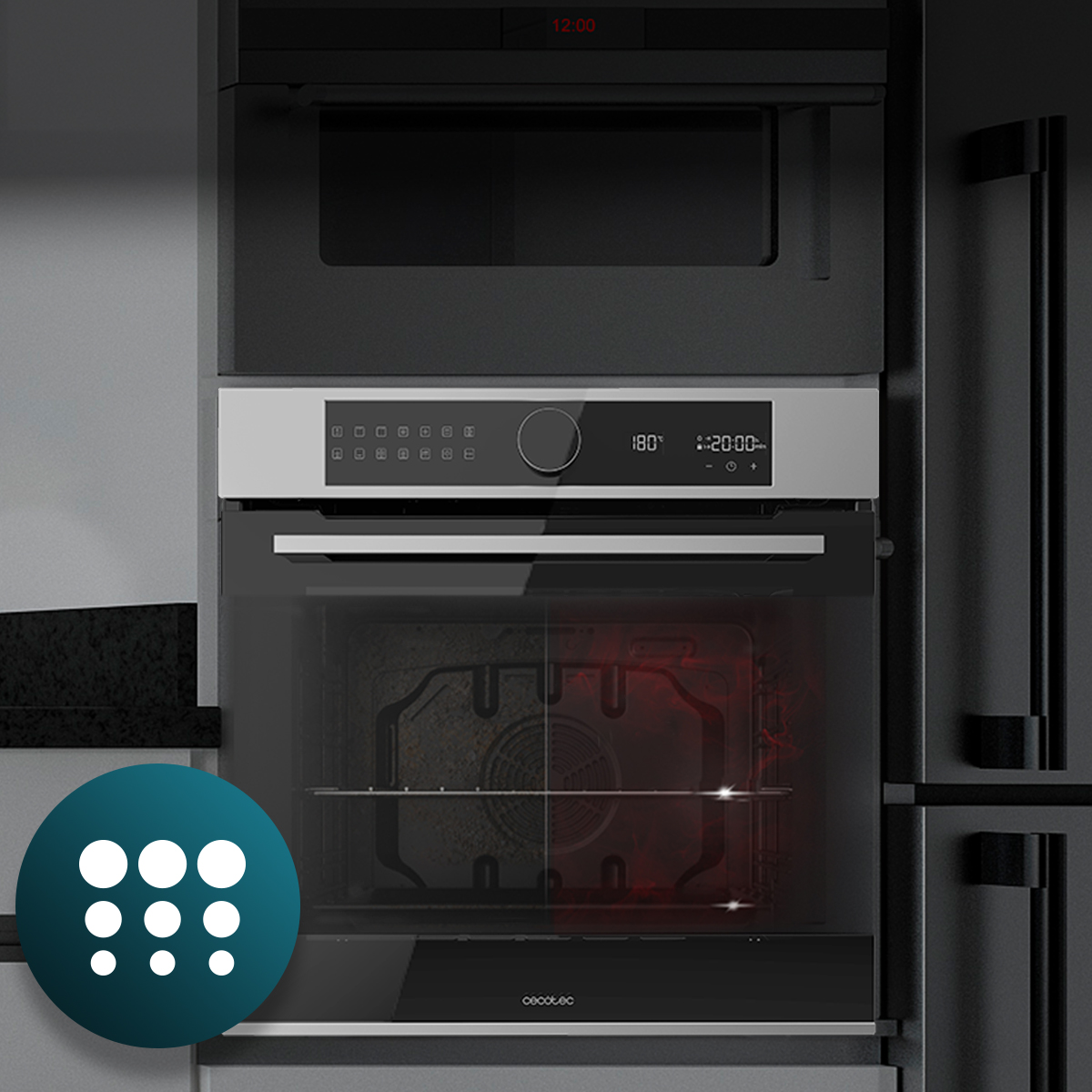 Moderno horno empotrado en negro y plateado con pantalla digital y un interior brillante.