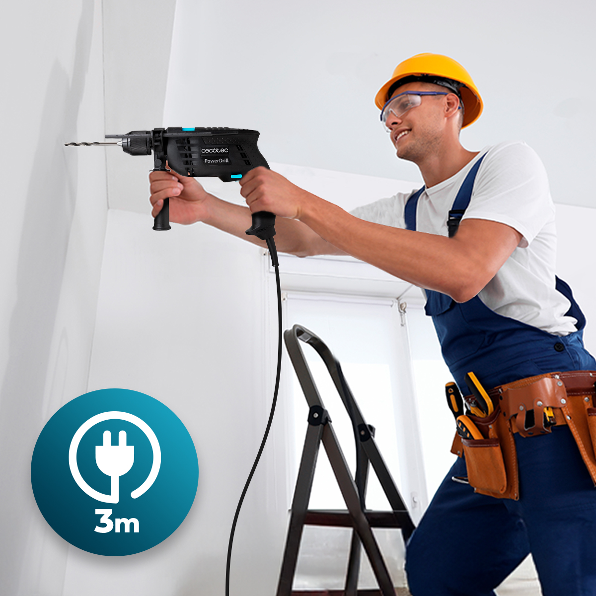 Un trabajador con casco y cinturón de herramientas taladra una pared blanca. Un icono de cable de 3m en primer plano.
