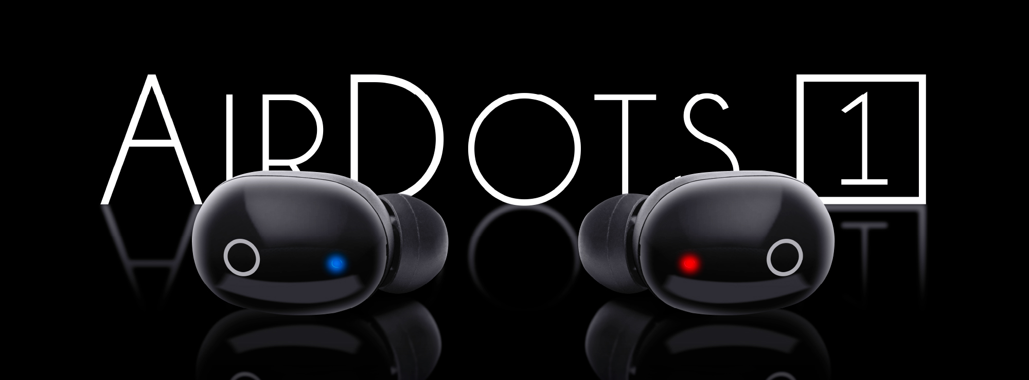 Czarne słuchawki bezprzewodowe z lampkami kontrolnymi przed napisem AirDots 1 na czarnym tle.