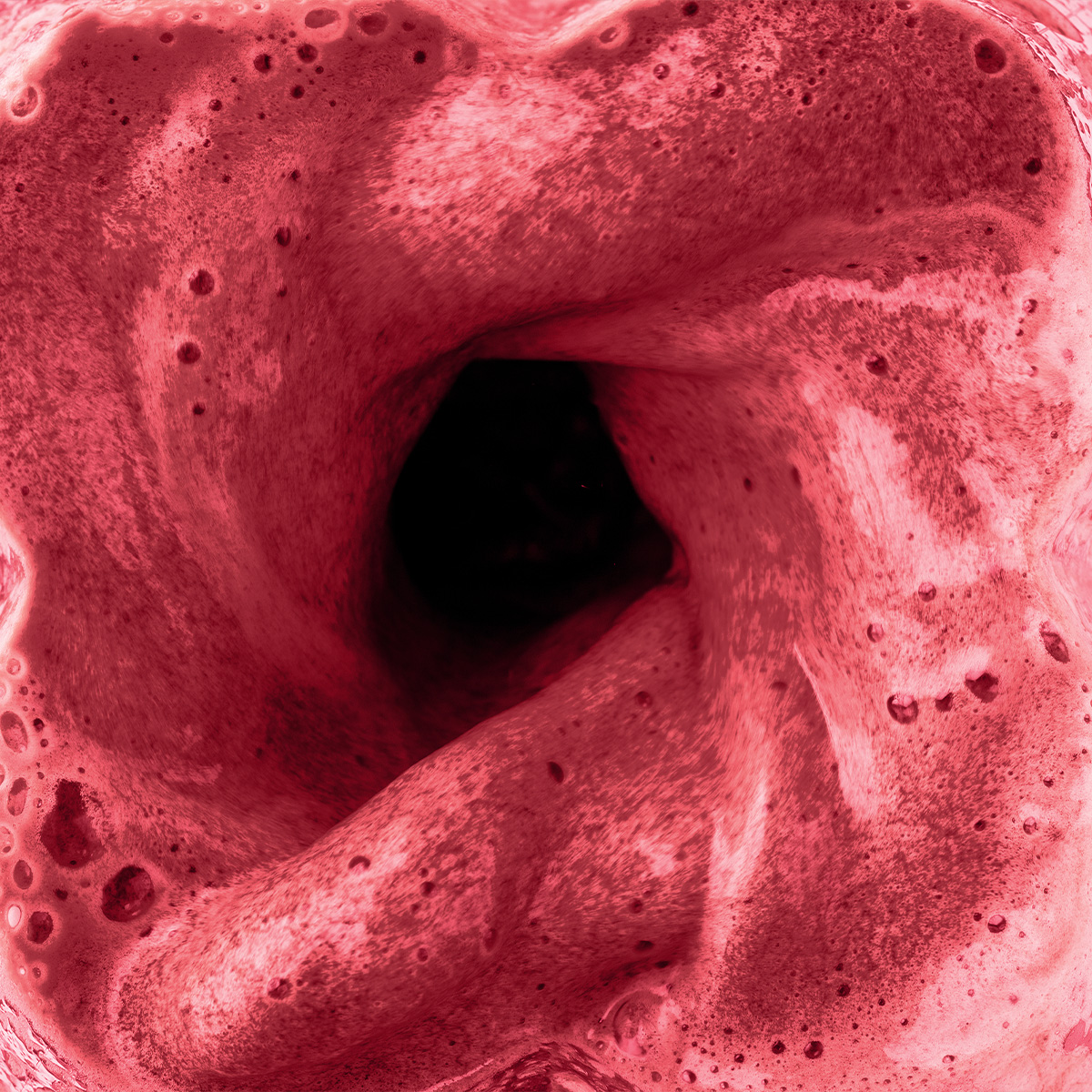 Un frullato rosso vortica all'interno di un frullatore.