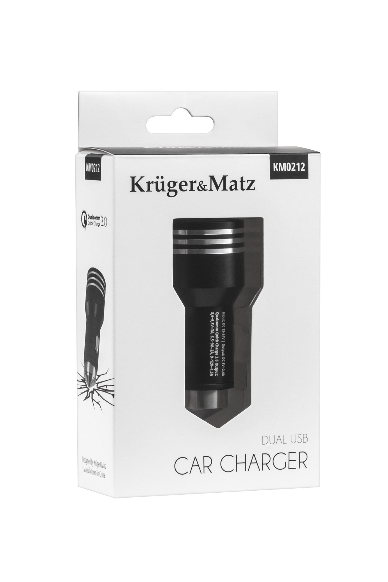 Białe opakowanie produktu ładowarki samochodowej USB Kruger&Matz ze zdjęciem urządzenia.