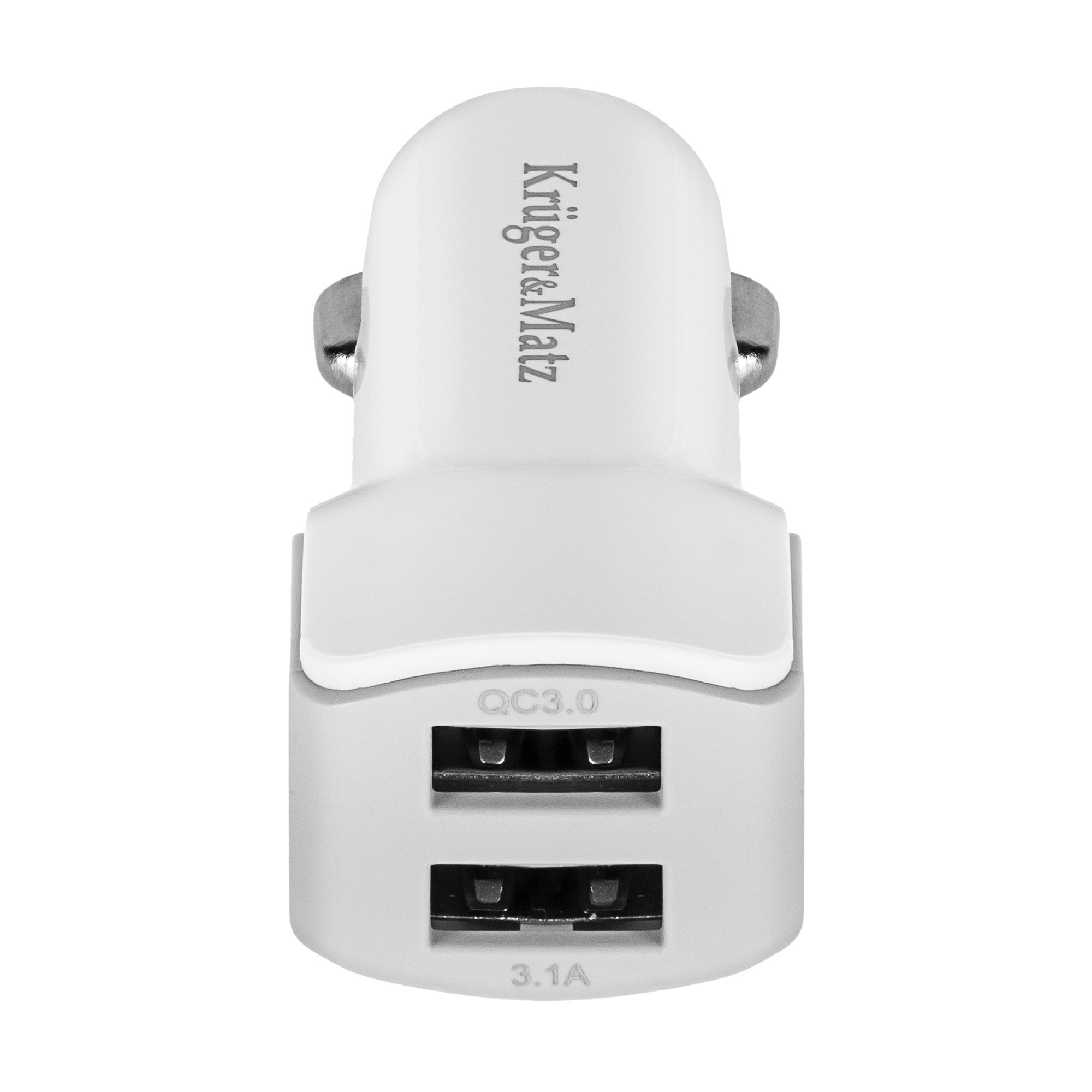 Biała dwuportowa ładowarka samochodowa USB z logo Kruger&Matz na czarnym tle.
