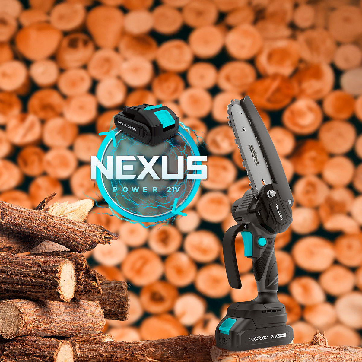 Una mini motosierra negra y verde azulado frente a un montón de troncos con un logotipo de Nexus Power.