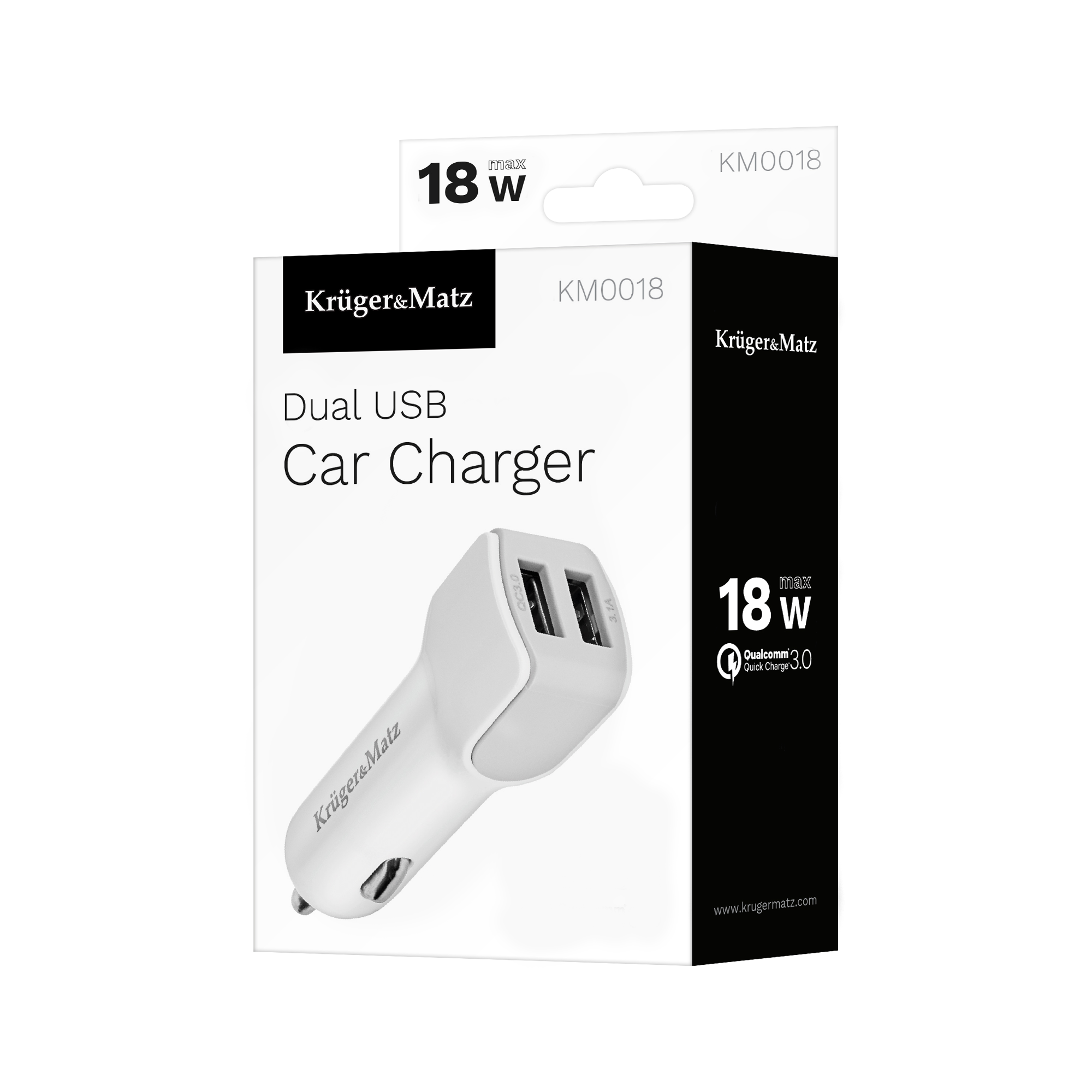 Ładowarka samochodowa USB Krüger&Matz w białym opakowaniu z 18W max.