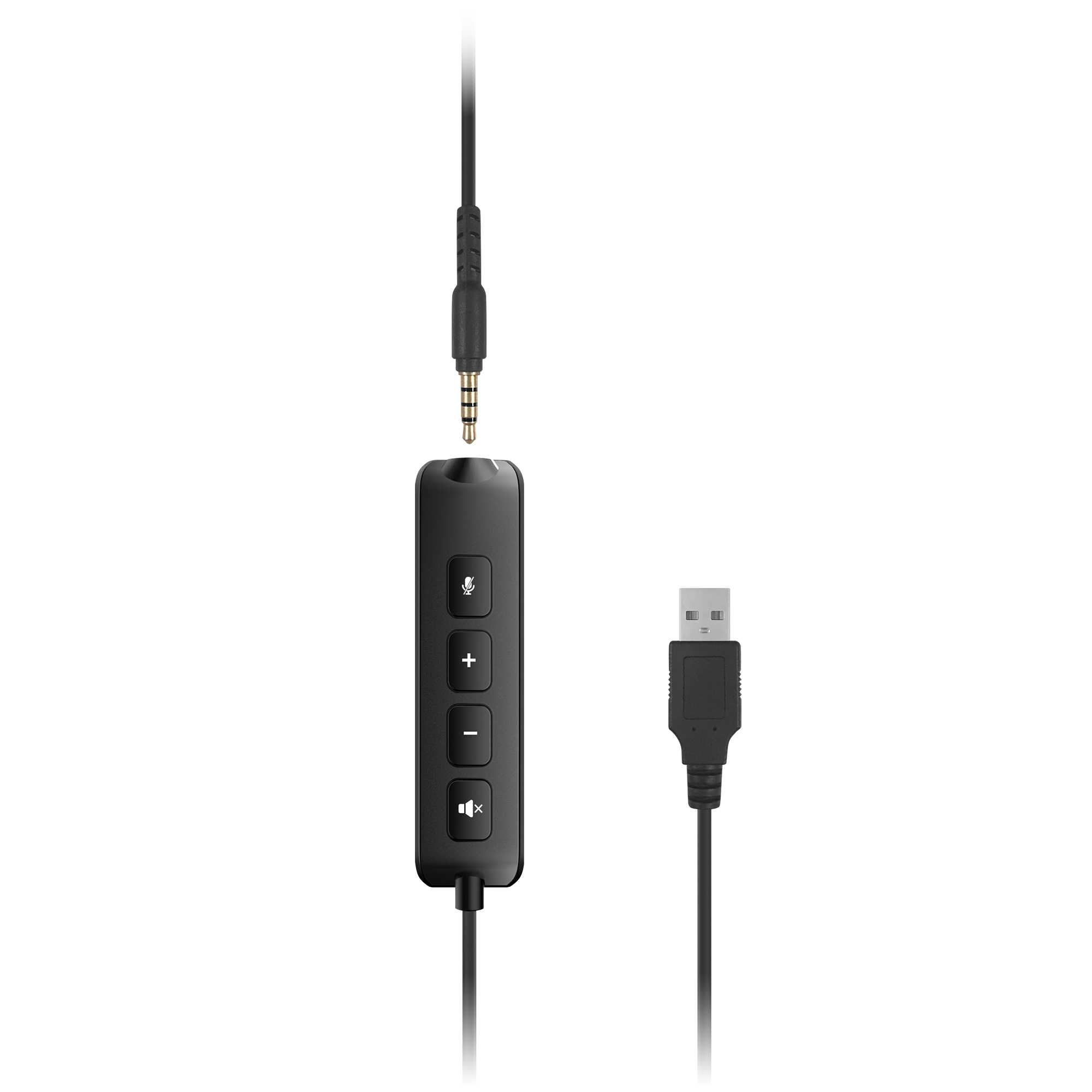 Czarny pilot z czterema przyciskami, wtykiem jack 3,5 mm u góry i kablem USB po prawej stronie na czarnym tle.