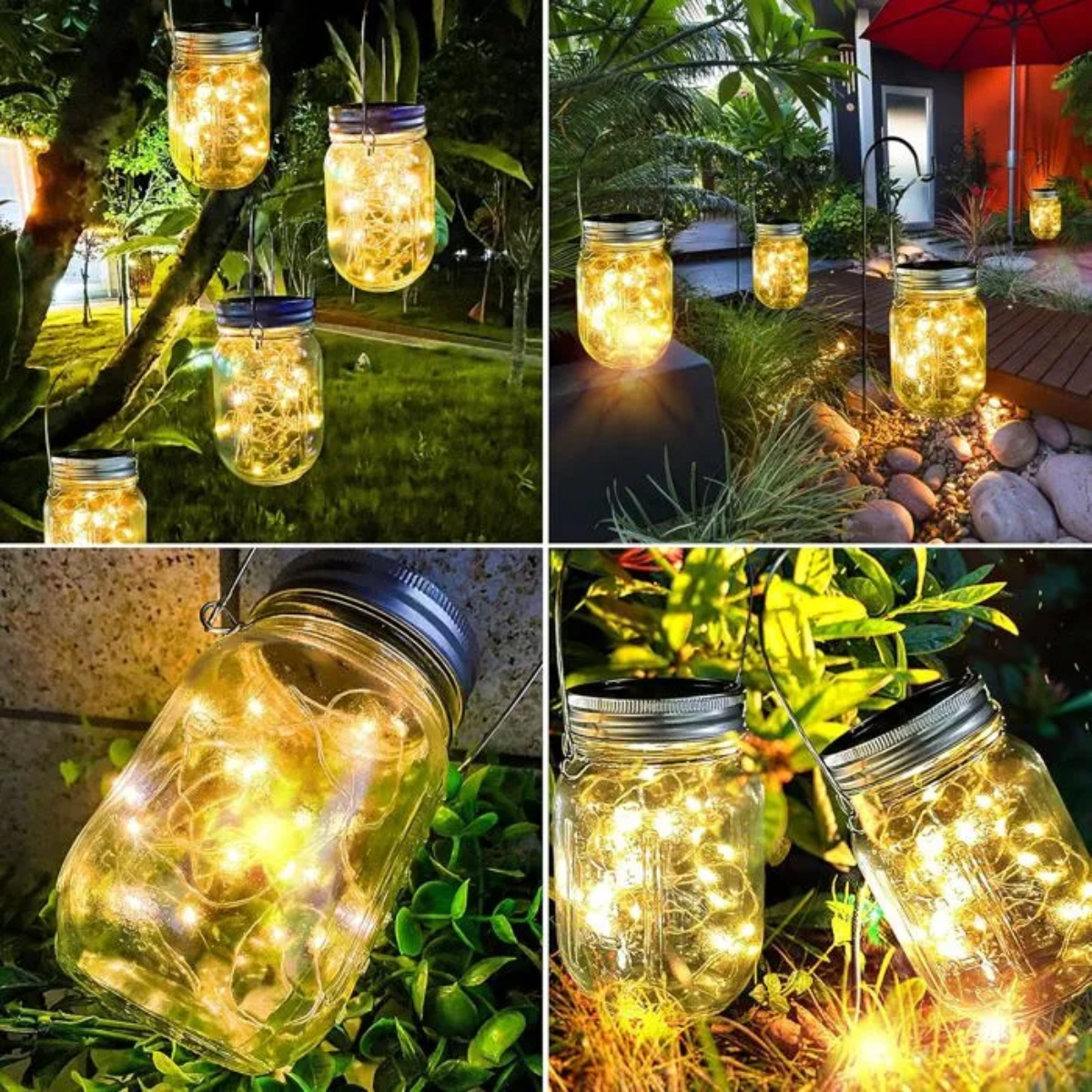 Solarbetriebene Lichterketten in Einmachgläsern hängen im nächtlichen Garten.