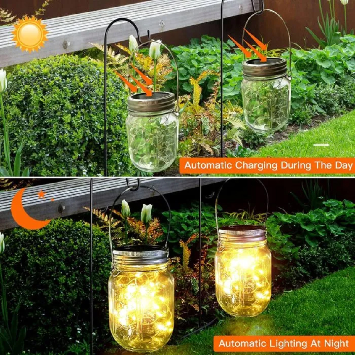 Solar-Einweckglas-Laternen laden tagsüber auf und leuchten nachts im Garten.