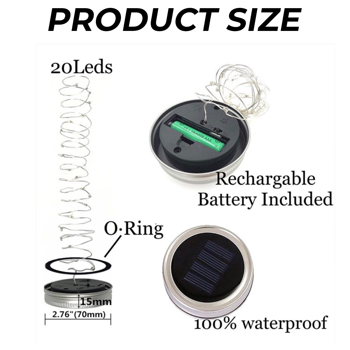 Produktgröße zeigt Solarlichterdeckel mit Akku, 20 LEDs, O-Ring und Maßen.