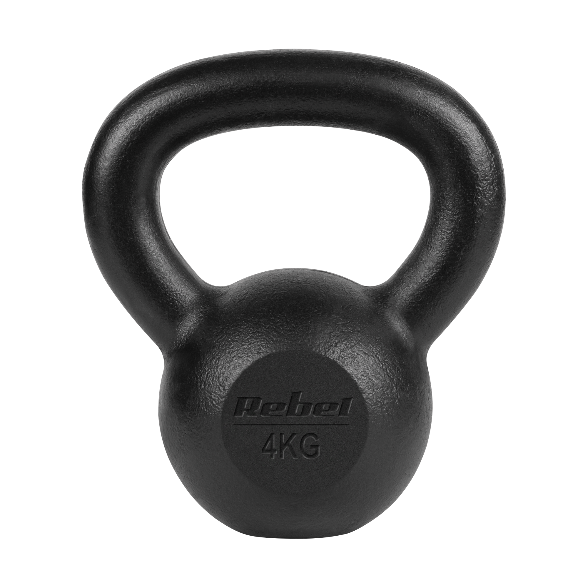 Czarny kettlebell Rebel o wadze 4 kg na czarnym tle.