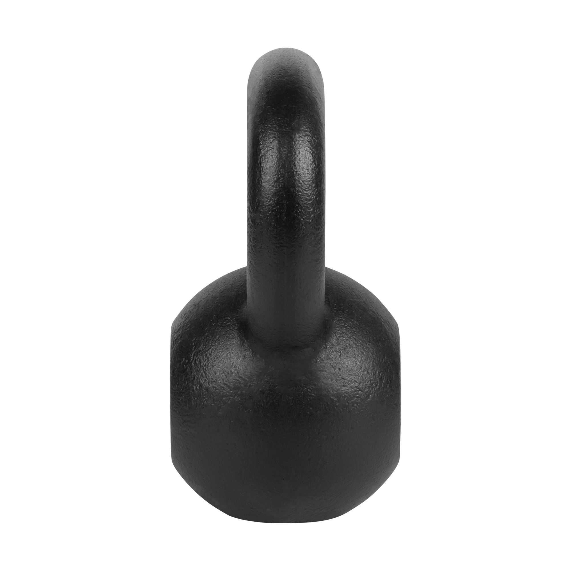 Czarny żeliwny odważnik kettlebell na czarnym tle.
