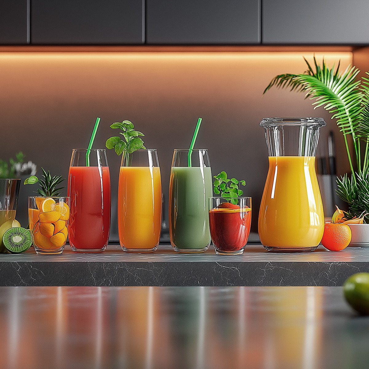 Zumos de frutas y batidos coloridos en vasos y una jarra en una encimera de cocina.