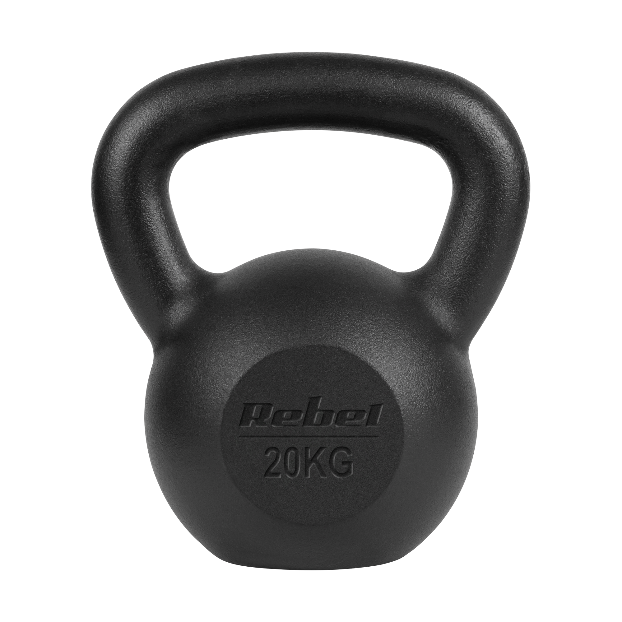 Czarny odważnik kettlebell Rebel o wadze 20 kg na czarnym tle.
