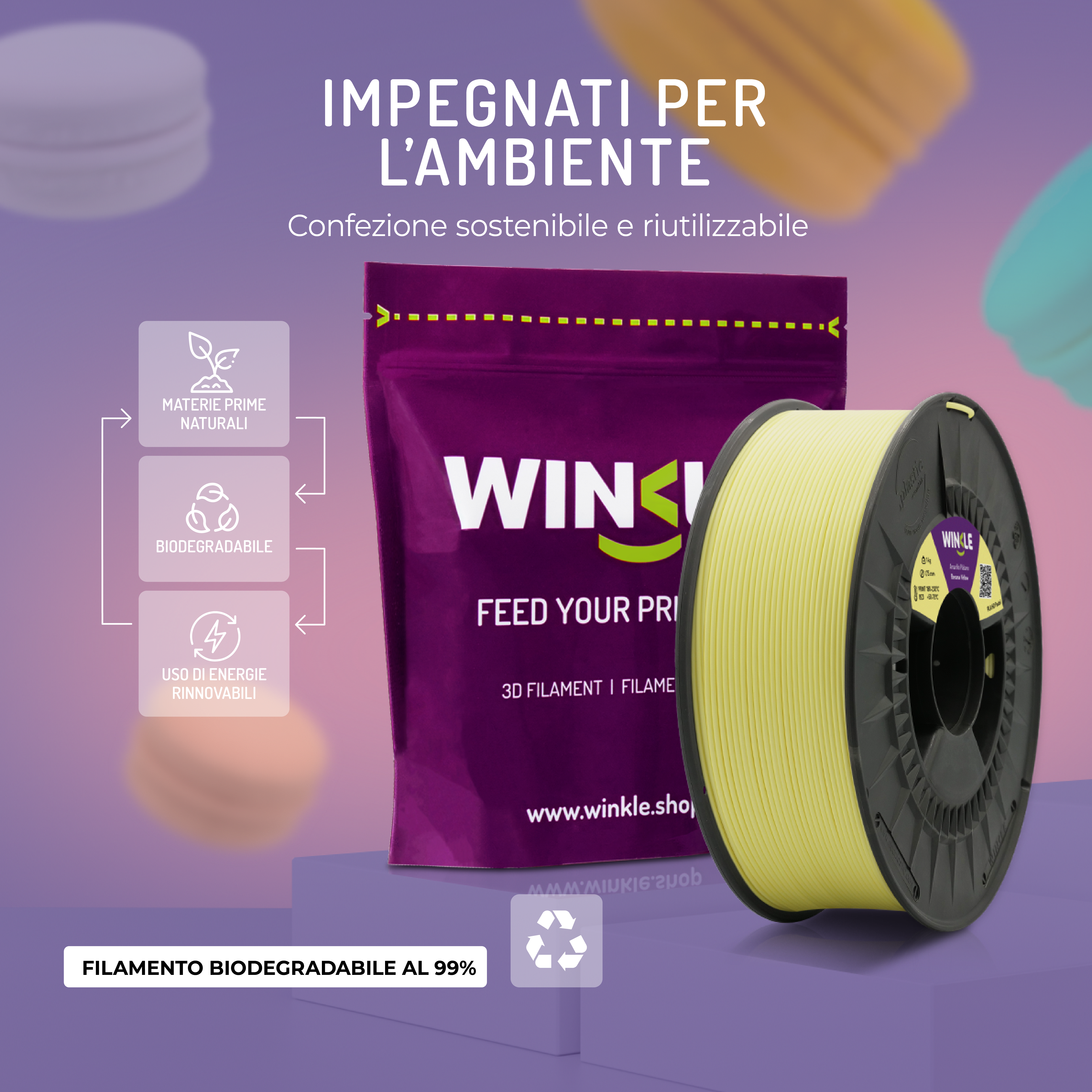 Filamento para impresora 3D ecológico en amarillo, junto a una bolsa Winkle morada e iconos de sostenibilidad.