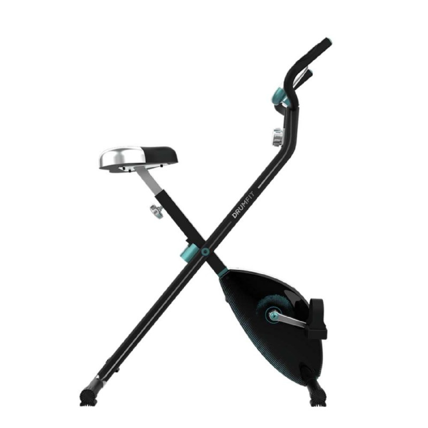 Una bicicleta estática negra con un asiento claro y detalles en verde azulado sobre fondo blanco.