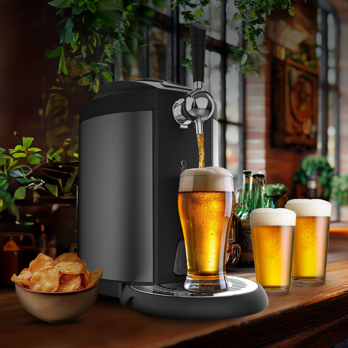 Dispensador de cerveza en barra de madera con tres vasos de cerveza y un bol de patatas.
