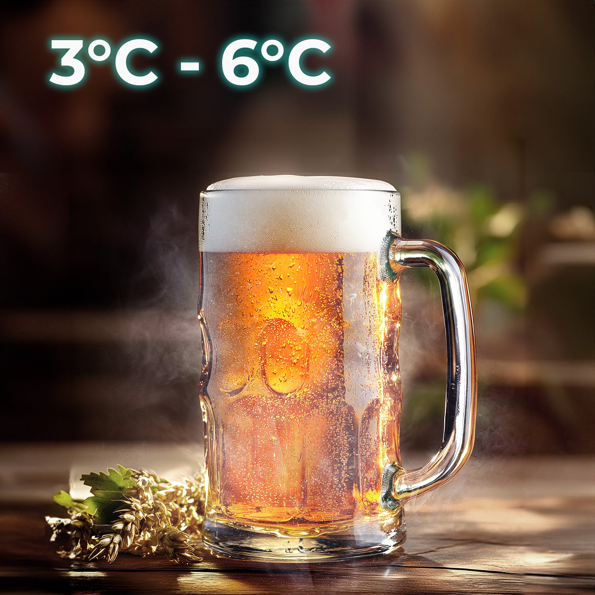 Una jarra de cerveza fría con espuma sobre madera, con el texto 3°C - 6°C.