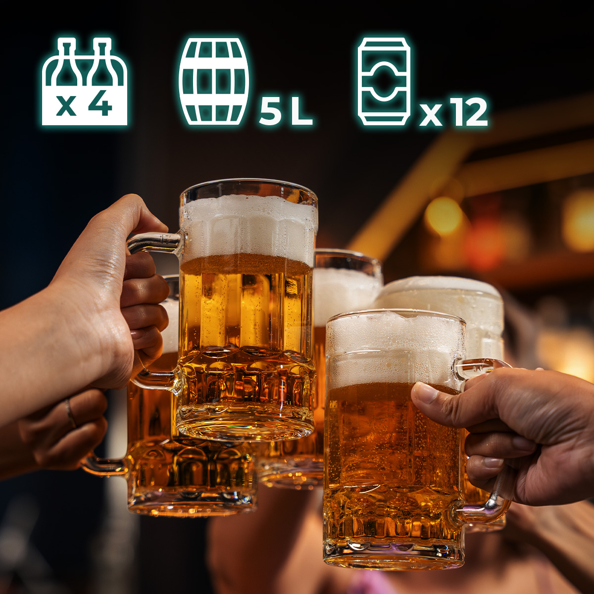 Personas brindando con jarras de cerveza en un bar, con iconos luminosos.