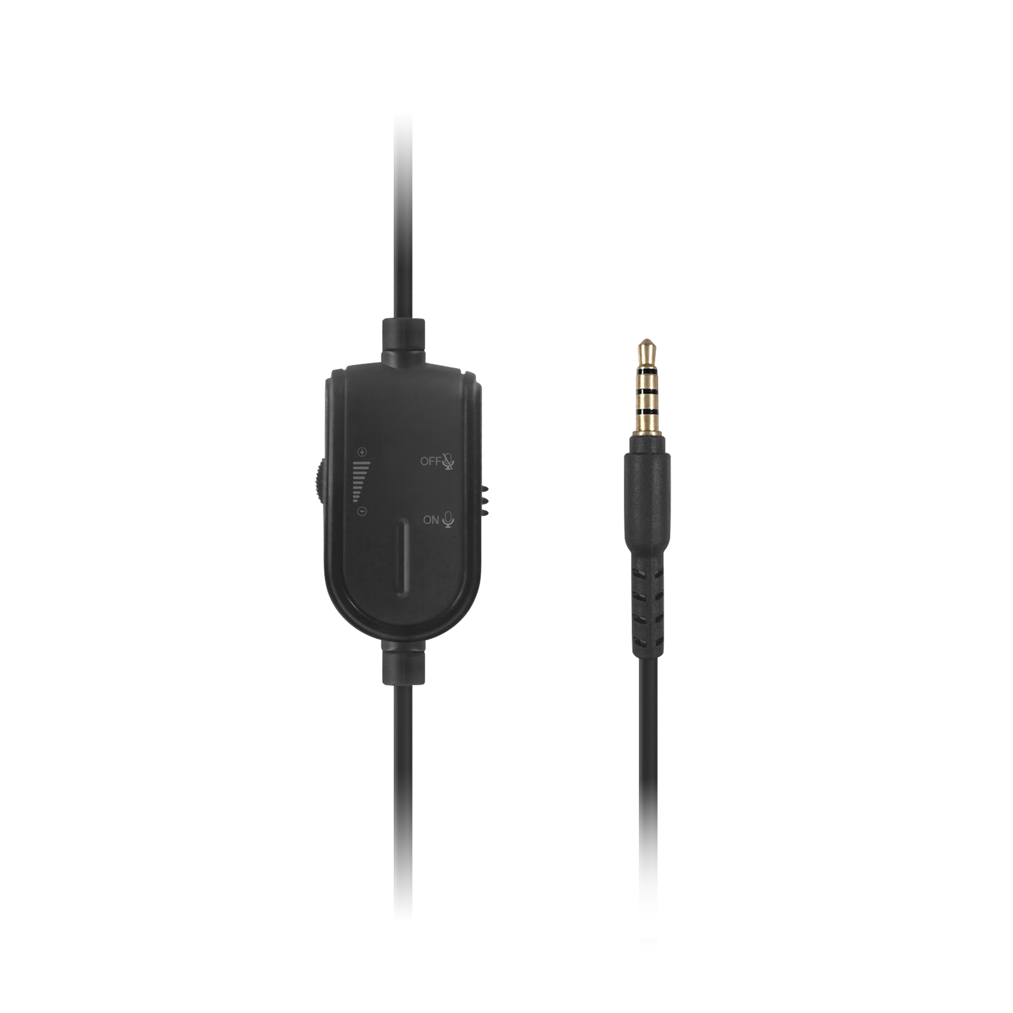 Czarny pilot na kablu z pokrętłem głośności i przełącznikiem mikrofonu obok wtyku jack 3,5 mm na czarnym tle.