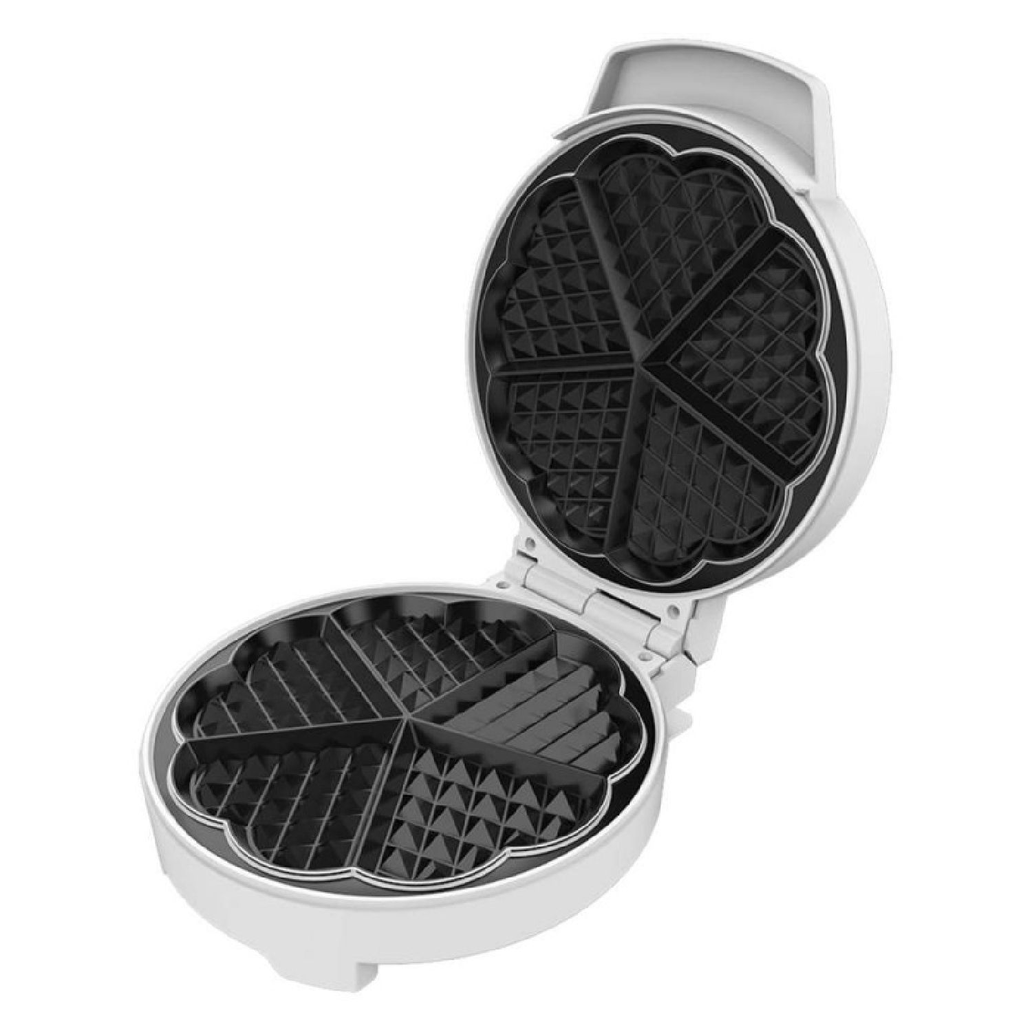Una piastra per waffle bianca aperta mostra una griglia antiaderente nera a forma di cuore.