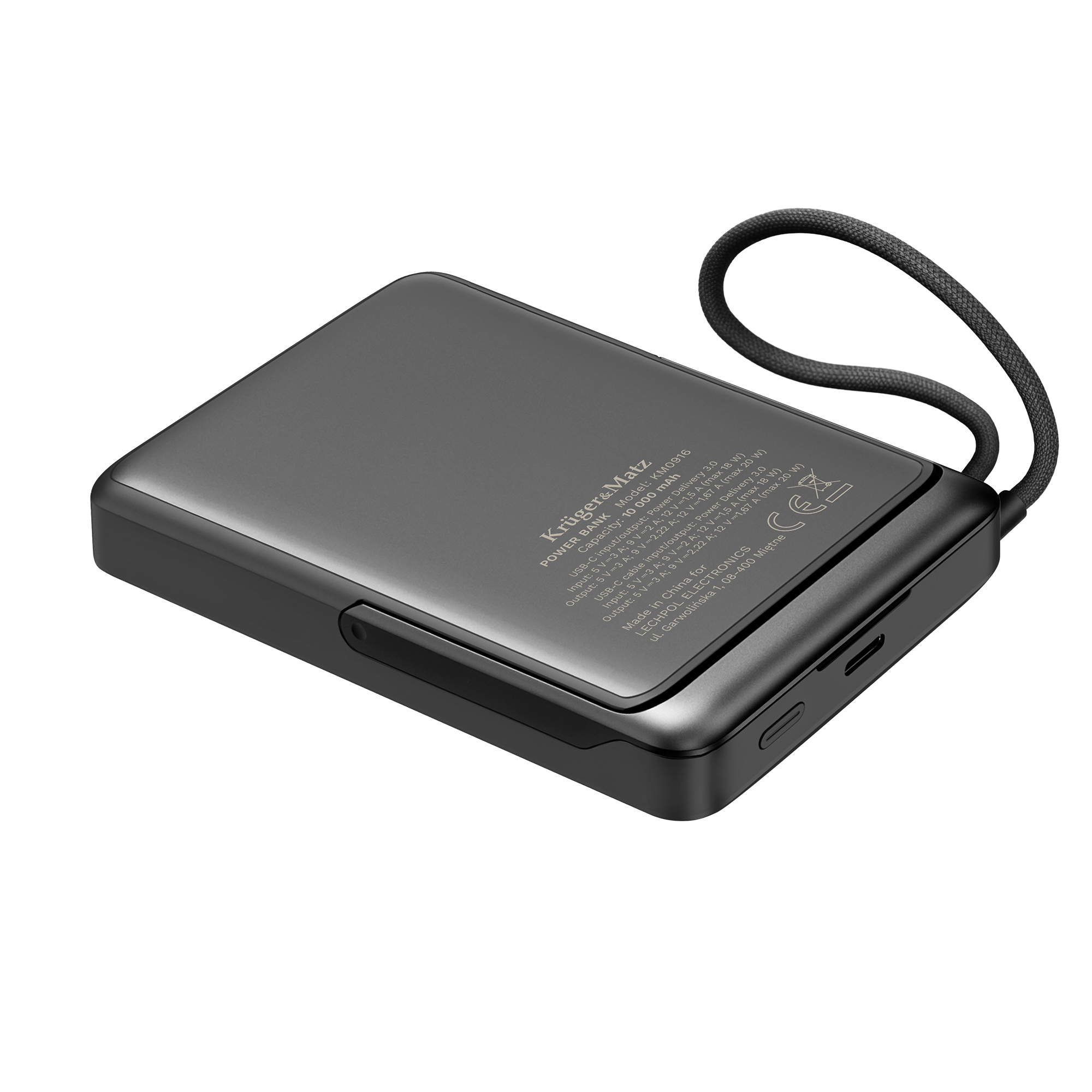 Szary powerbank Kruger&Matz ze zintegrowanymi kablami na czarnym tle.