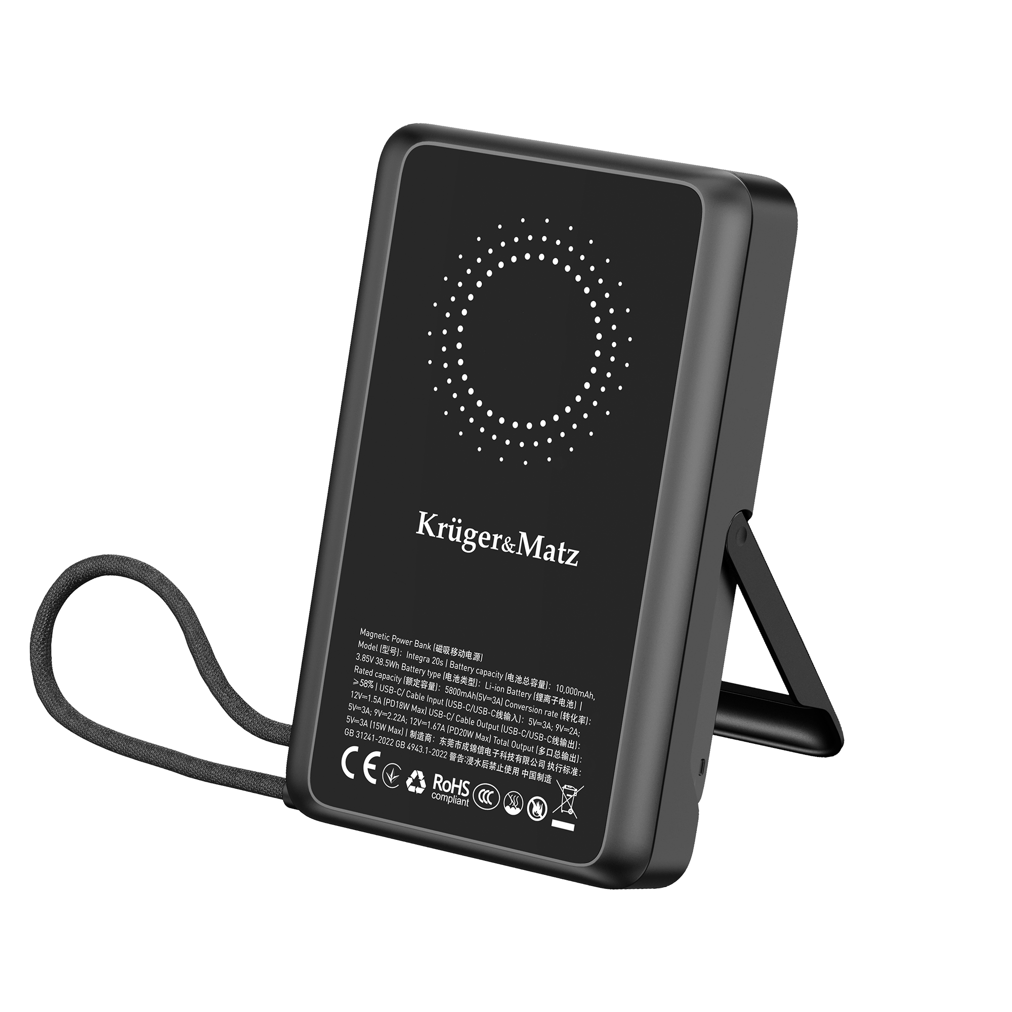 Czarny powerbank Krüger&Matz z podstawką i smyczą na czarnym tle.