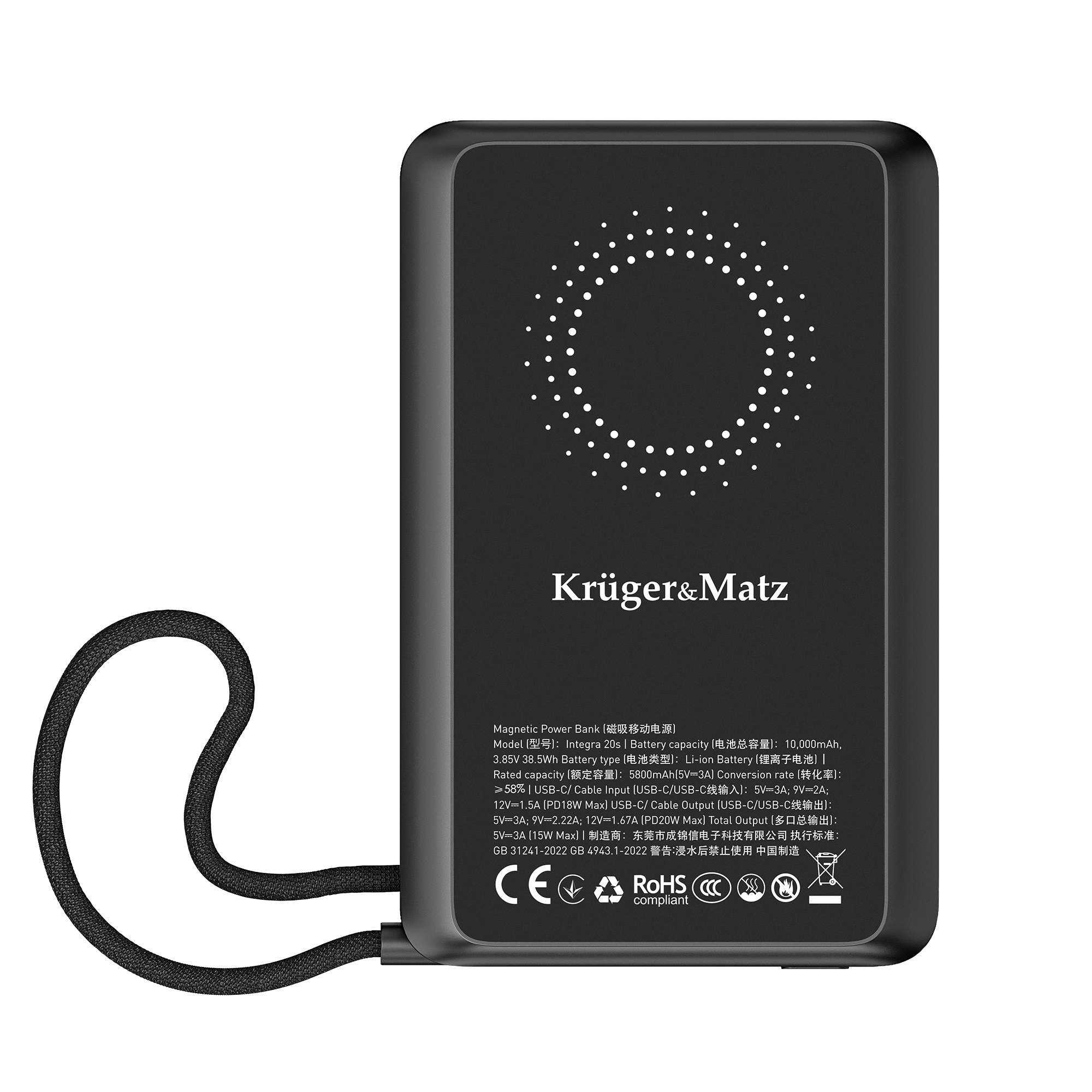 Czarny powerbank magnetyczny Krüger&Matz z plecioną smyczą i specyfikacją na czarnym tle.