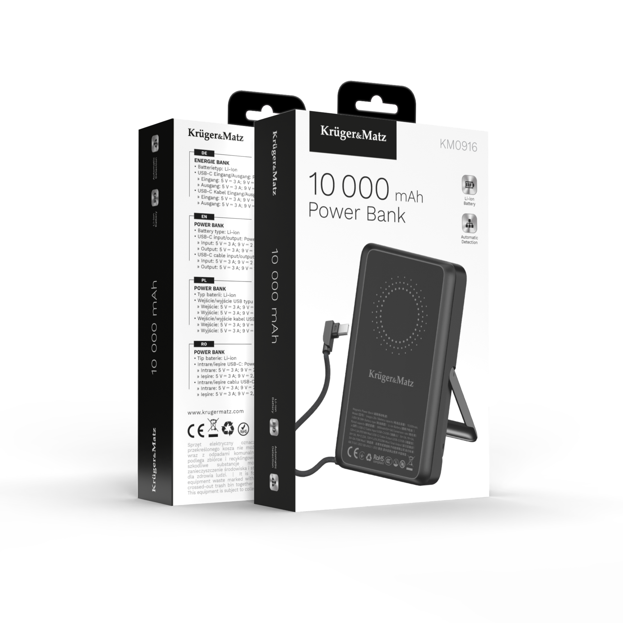 Powerbank Krüger&Matz 10 000 mAh w czarnym opakowaniu z kablem USB.