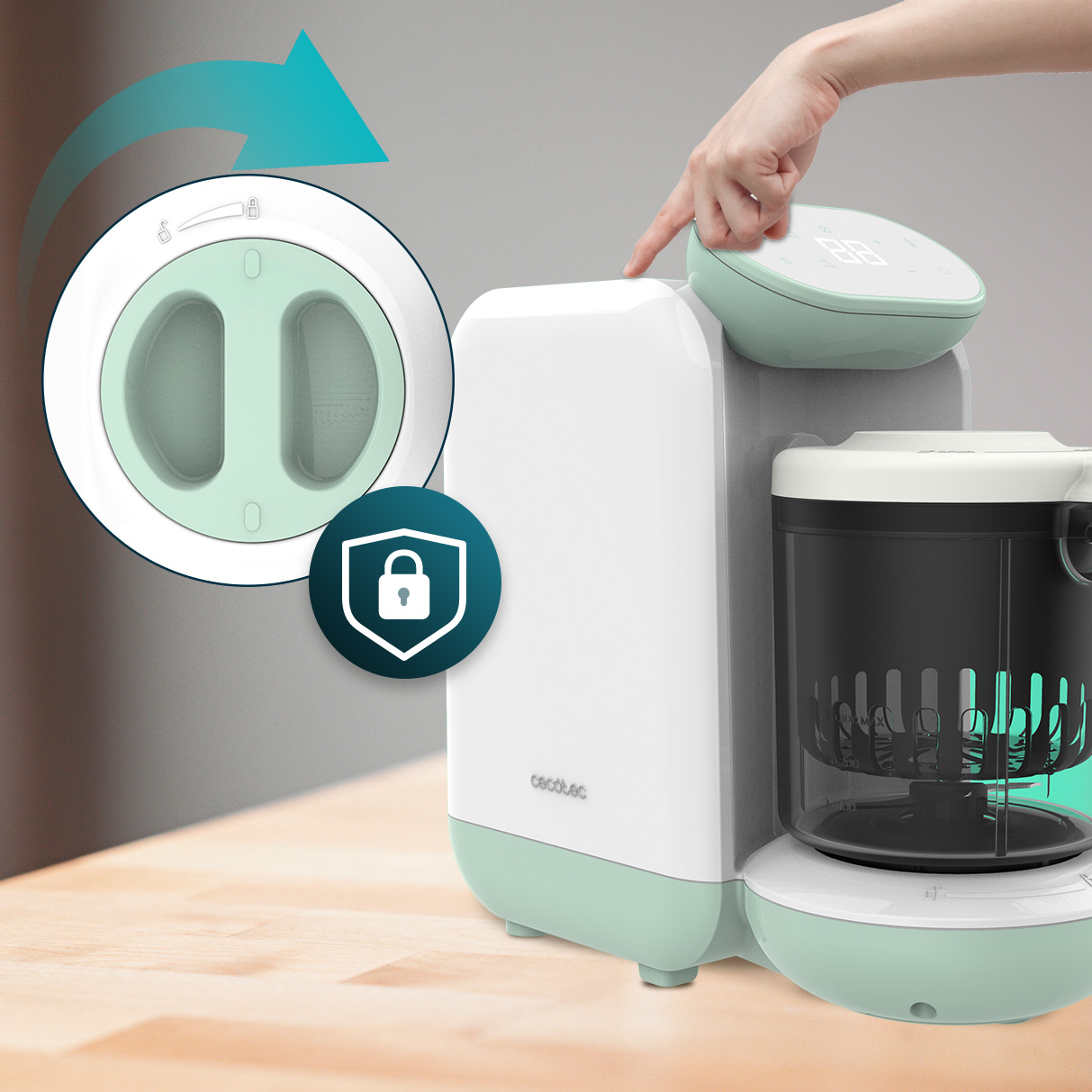 Mano che tocca elettrodomestico bianco e verde con coperchio.