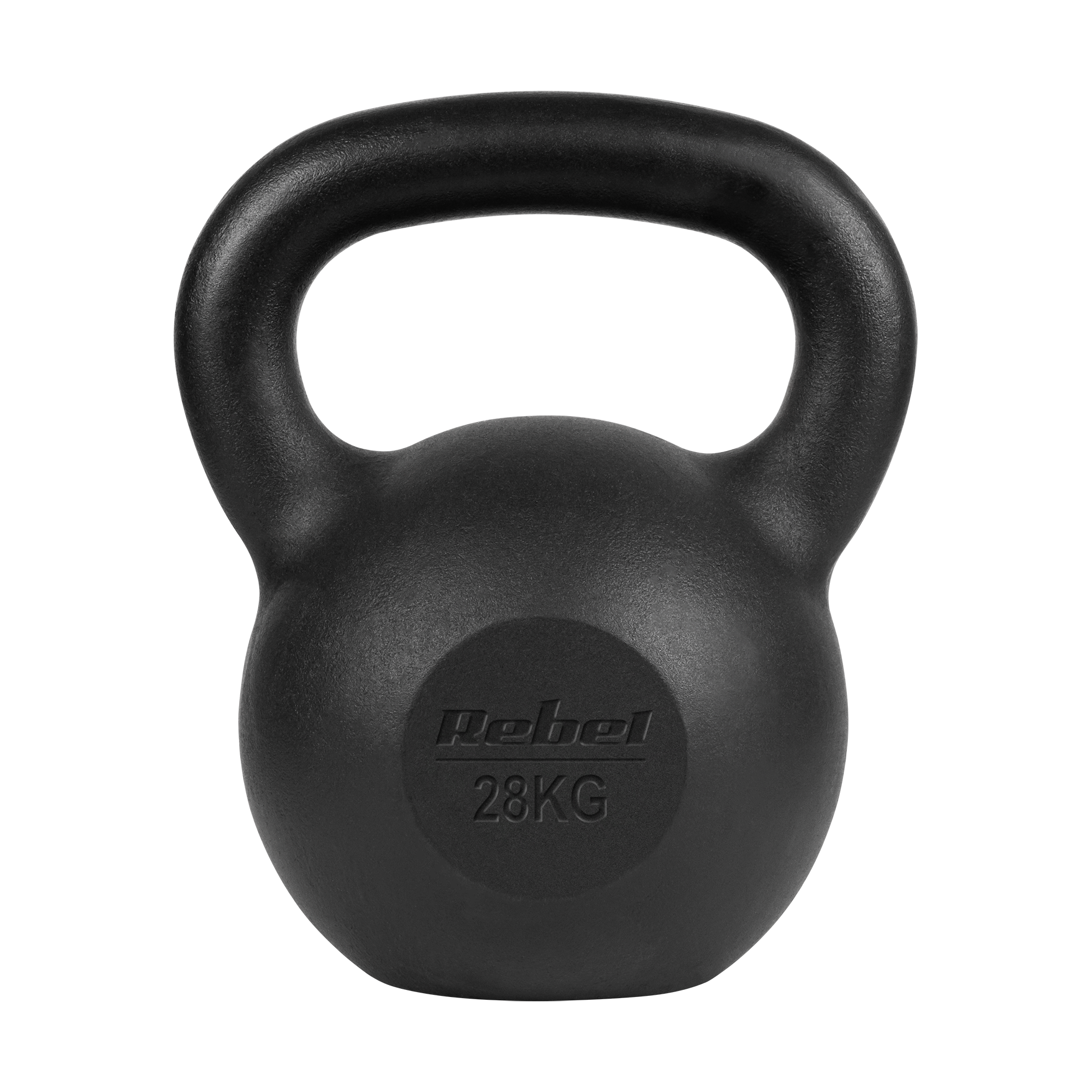 Czarny kettlebell Rebel o wadze 28 kg na czarnym tle.