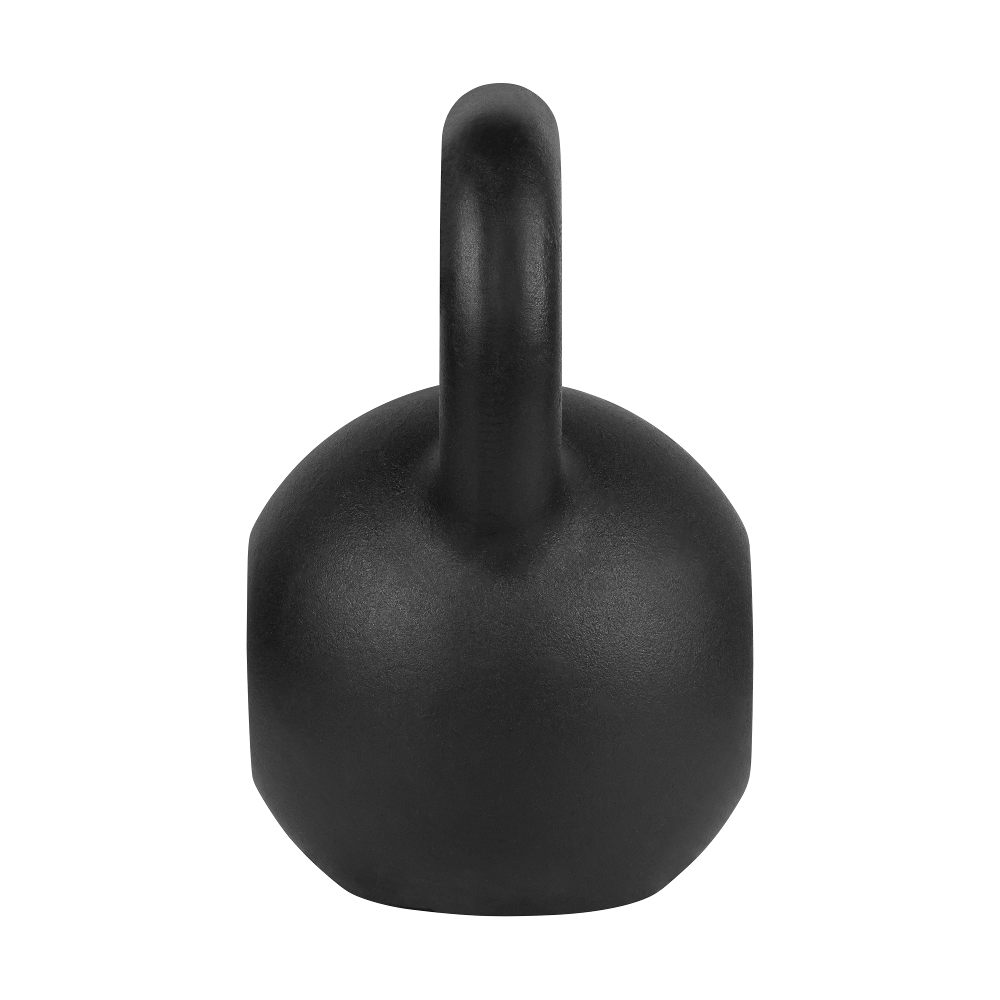 Ciężki czarny odważnik kettlebell stoi izolowany na czarnym tle.
