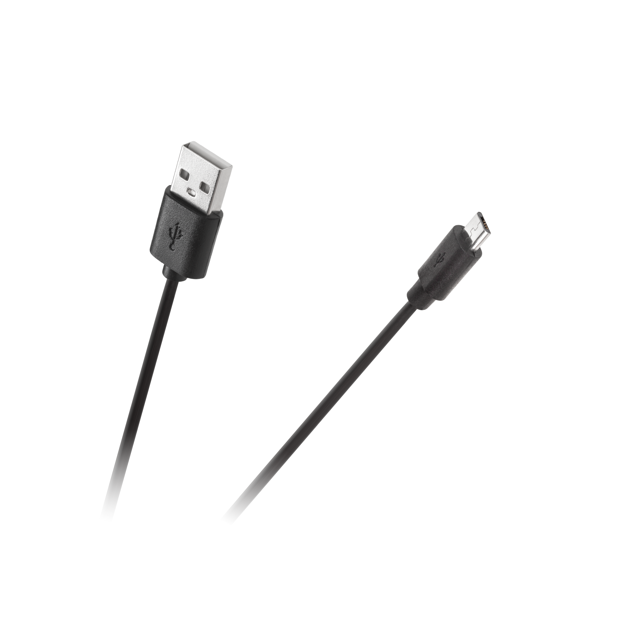Czarny kabel USB-A i micro-USB na czarnym tle.