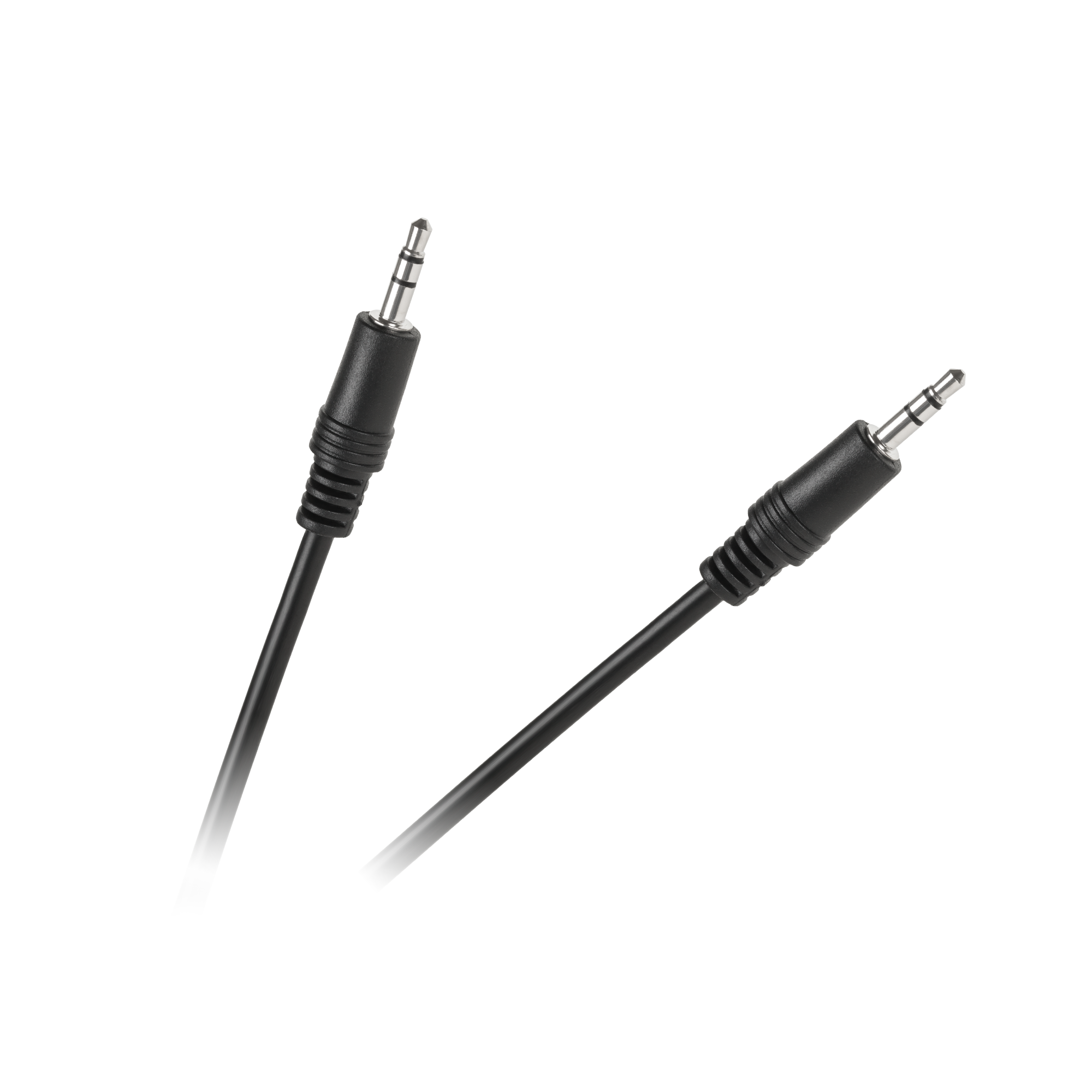 Dwa czarne kable audio ze srebrnymi złączami jack 3,5 mm na czarnym tle.