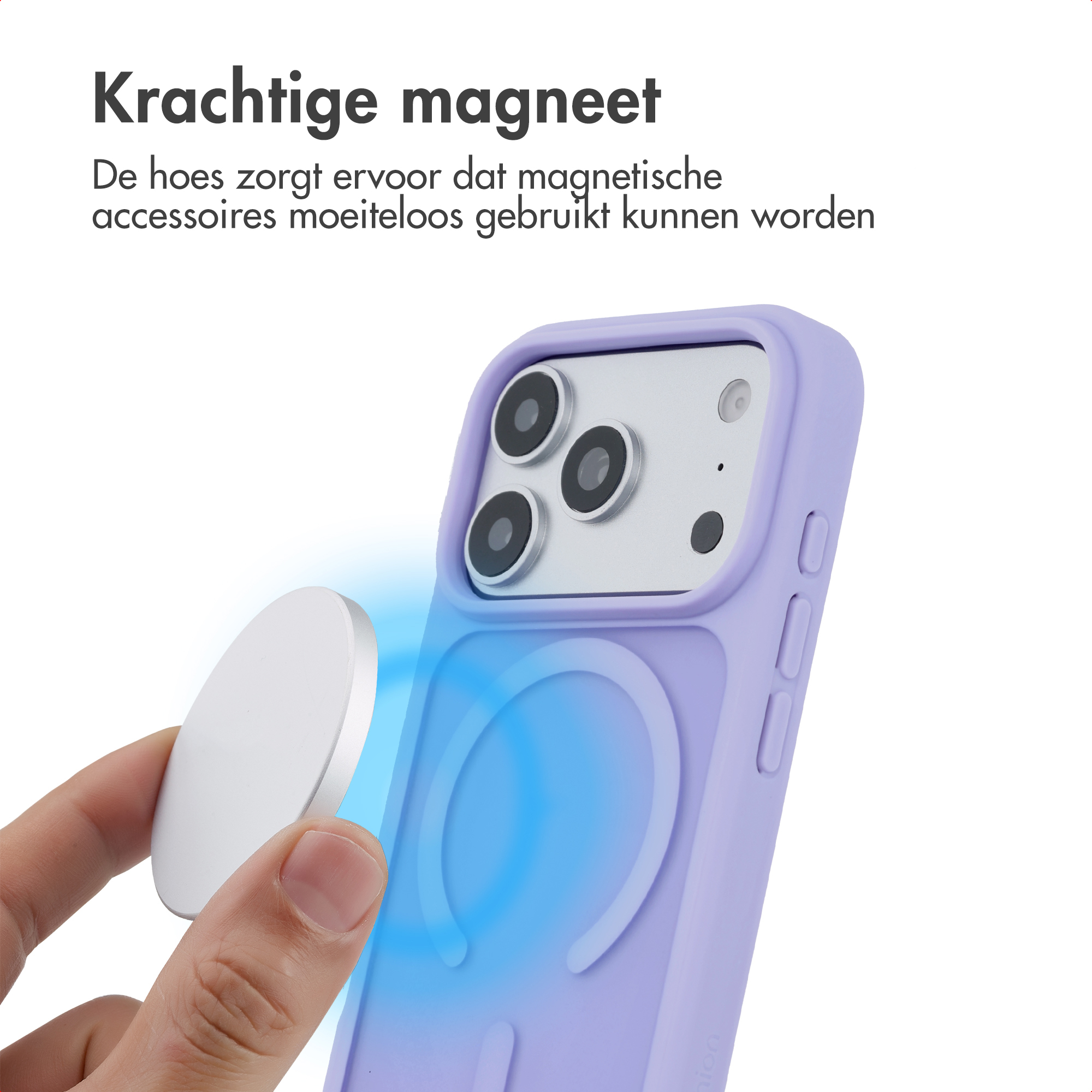 Une main tenant un disque magnétique près d'une coque de téléphone violet clair avec du texte.
