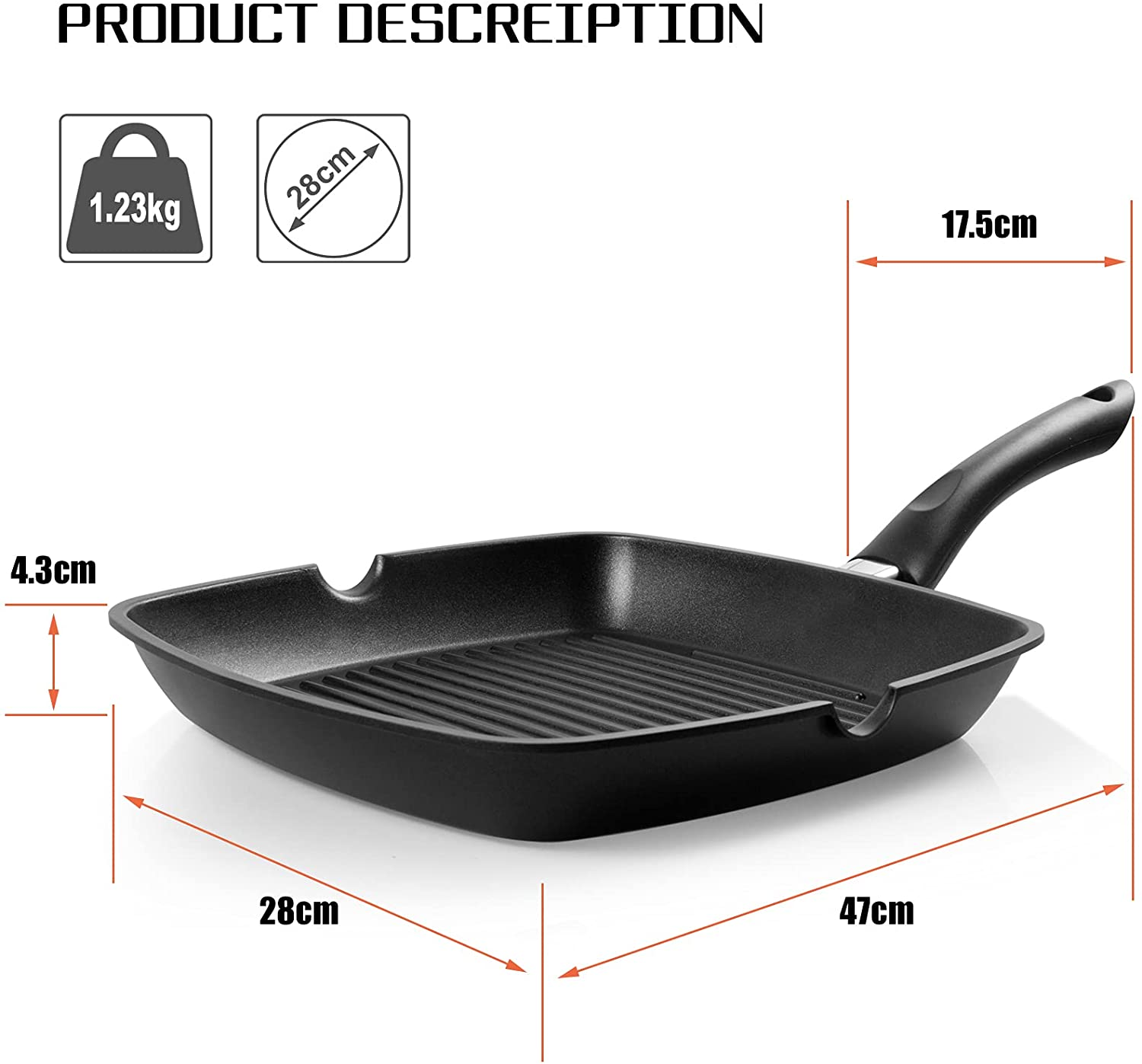 Schwarze quadratische Grillpfanne mit Maßen und Gewicht.