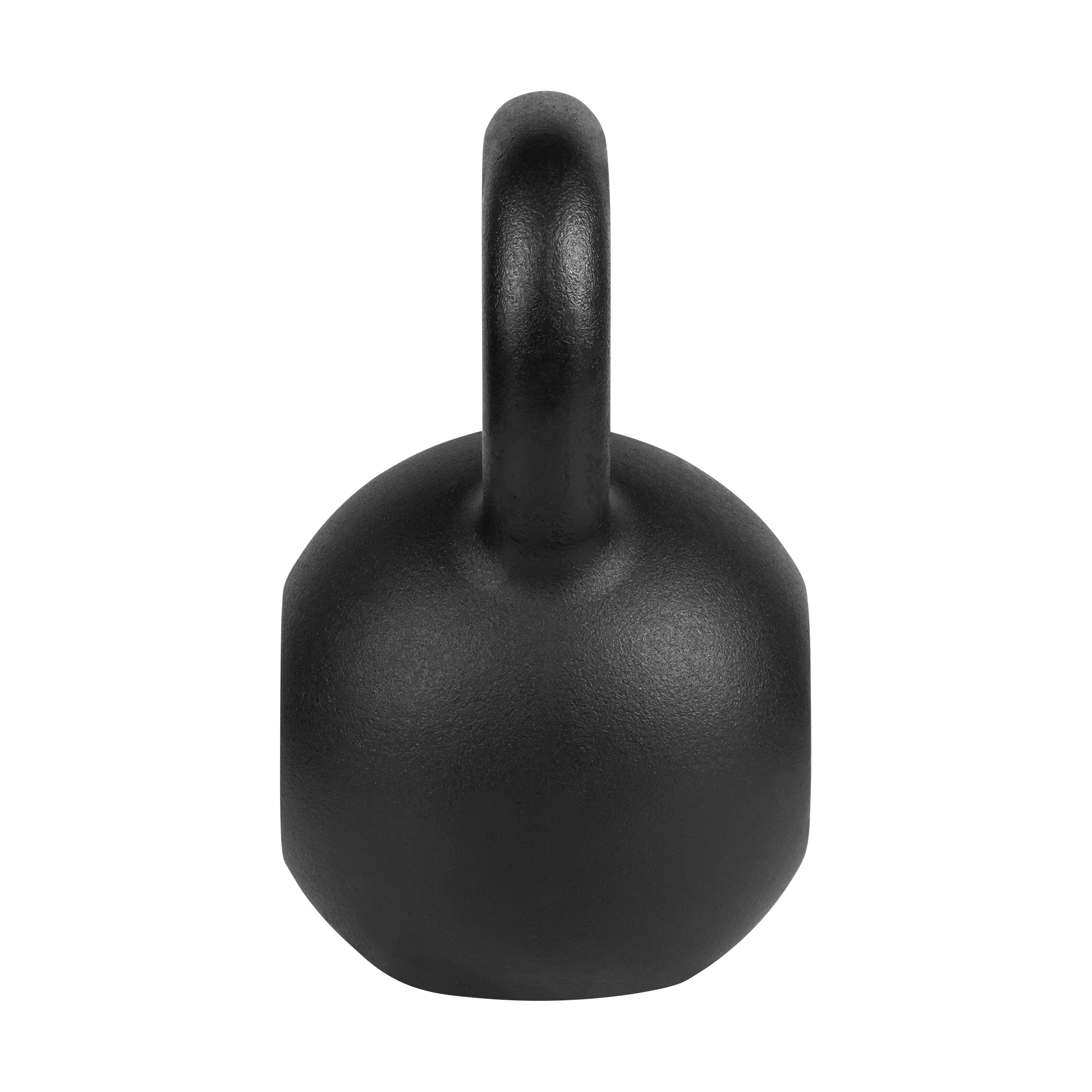Czarny żeliwny kettlebell stoi centralnie na jednolitym czarnym tle.