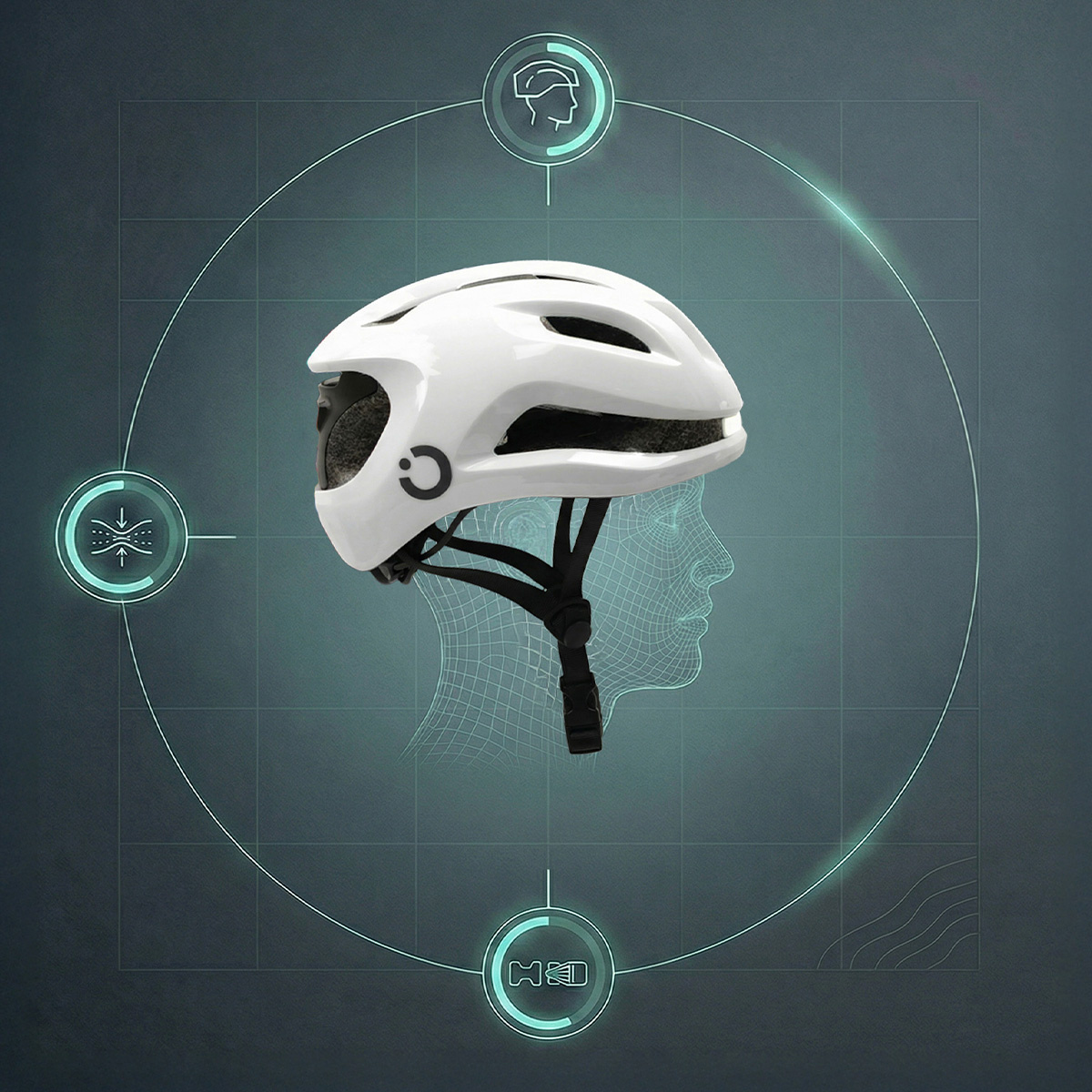 Un casco de bicicleta blanco sobre una cabeza de malla metálica, rodeado de elementos HUD turquesa.