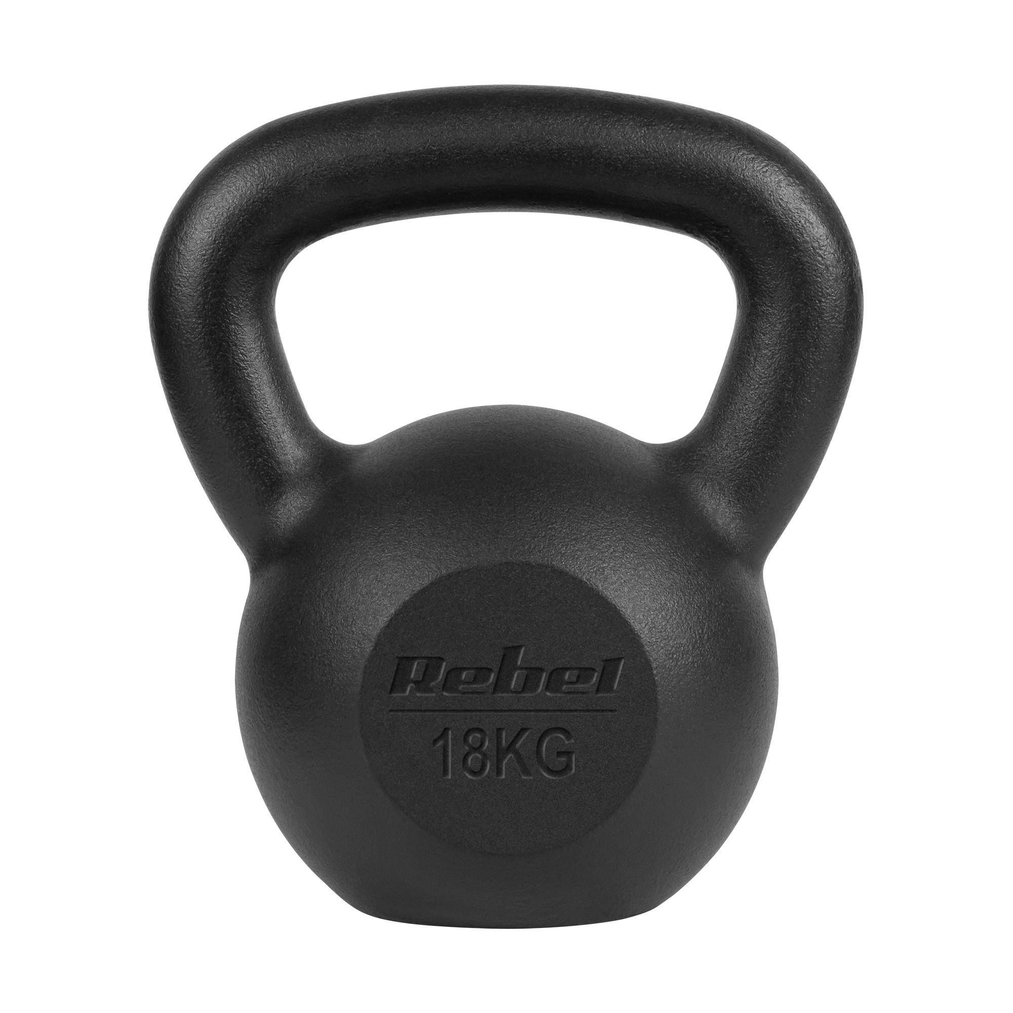 Czarny kettlebell Rebel o wadze 18 kg na czarnym tle.