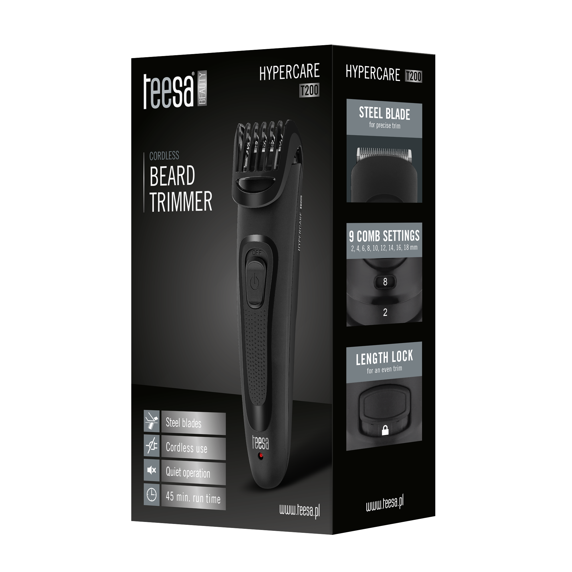 Czarne pudełko trymera do brody Teesa Hypercare T200 ze zdjęciem produktu i funkcjami.