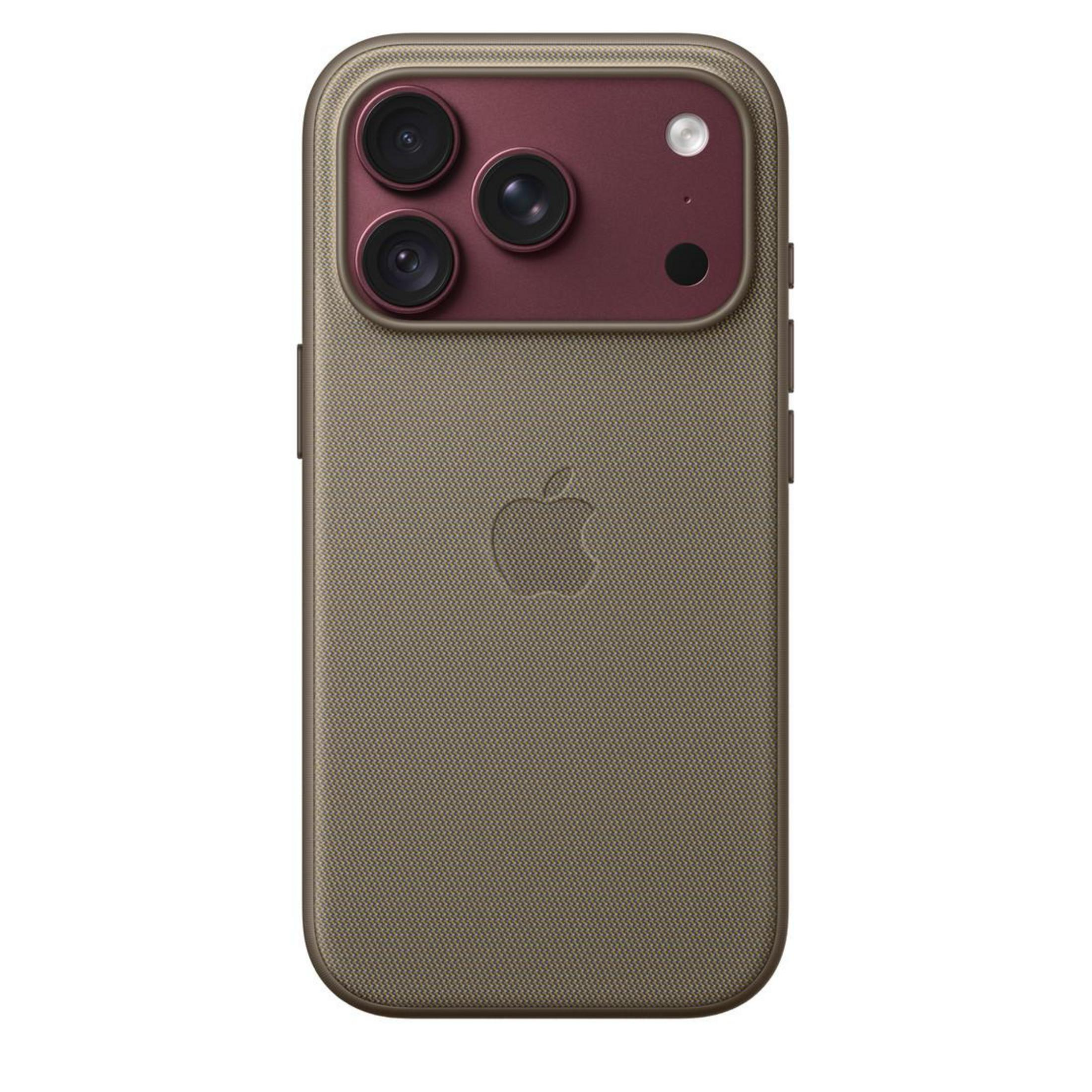 Retro di uno smartphone verde kaki con tessuto testurizzato, modulo fotocamera rosso in alto e logo Apple al centro.
