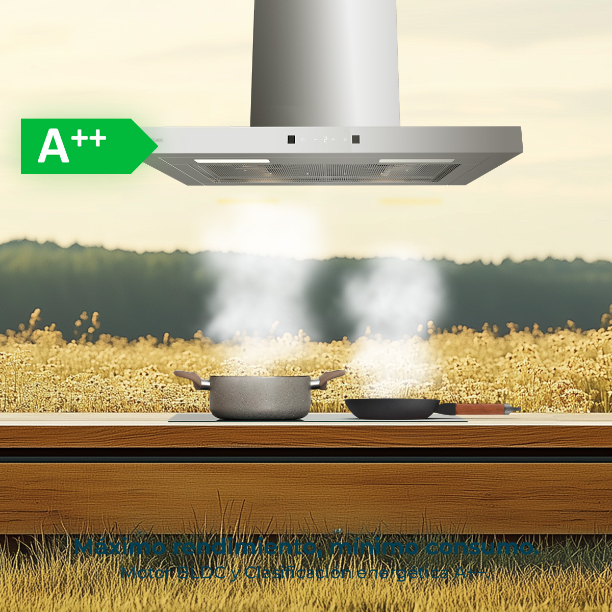 Una campana extractora sobre ollas humeantes en una barra de madera con campo y etiqueta A++.