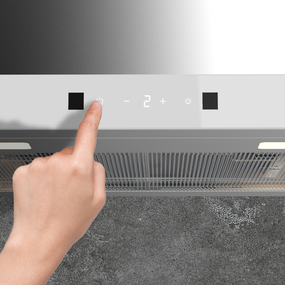 Una mano toca el panel de control digital de una campana extractora moderna.