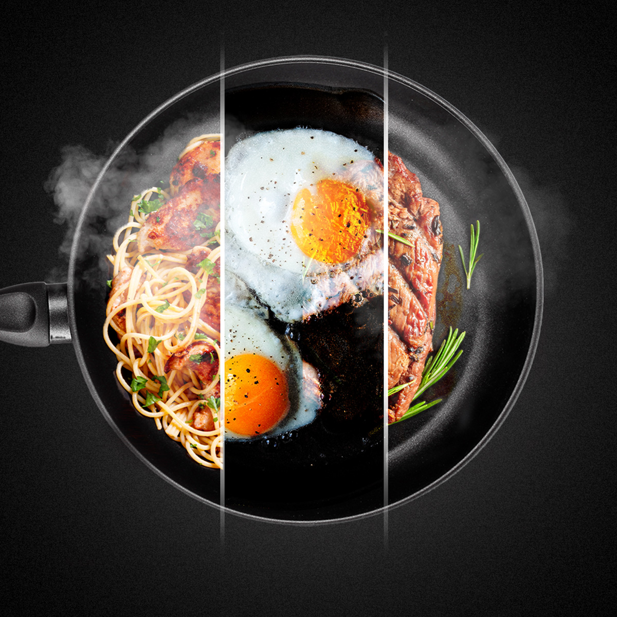 Una sartén muestra tres secciones: pasta con pollo, huevos fritos y un filete.