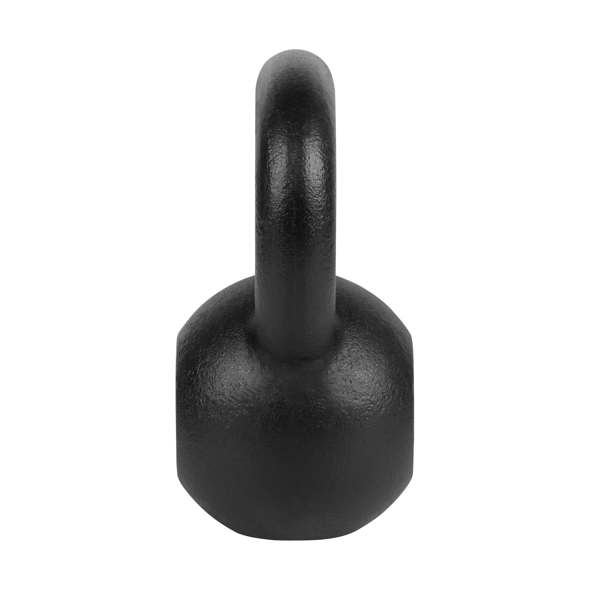 Czarny żeliwny kettlebell stoi centralnie na jednolitym czarnym tle.