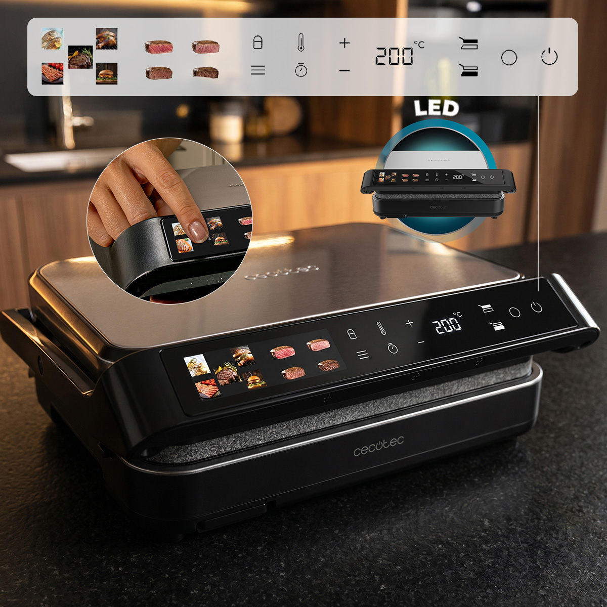 Griglia a contatto in acciaio inossidabile con display touch digitale, indicatore di temperatura e LED.