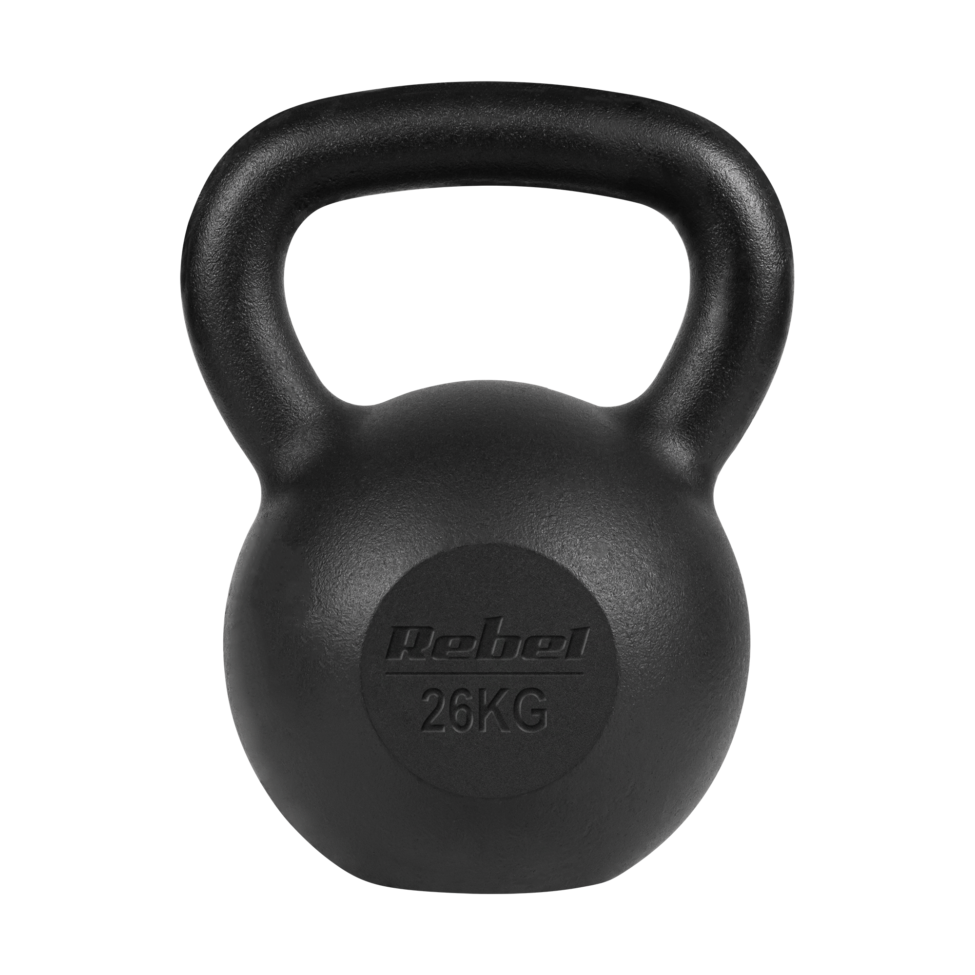 Czarny odważnik kettlebell 26 kg z napisem Rebel na czarnym tle.