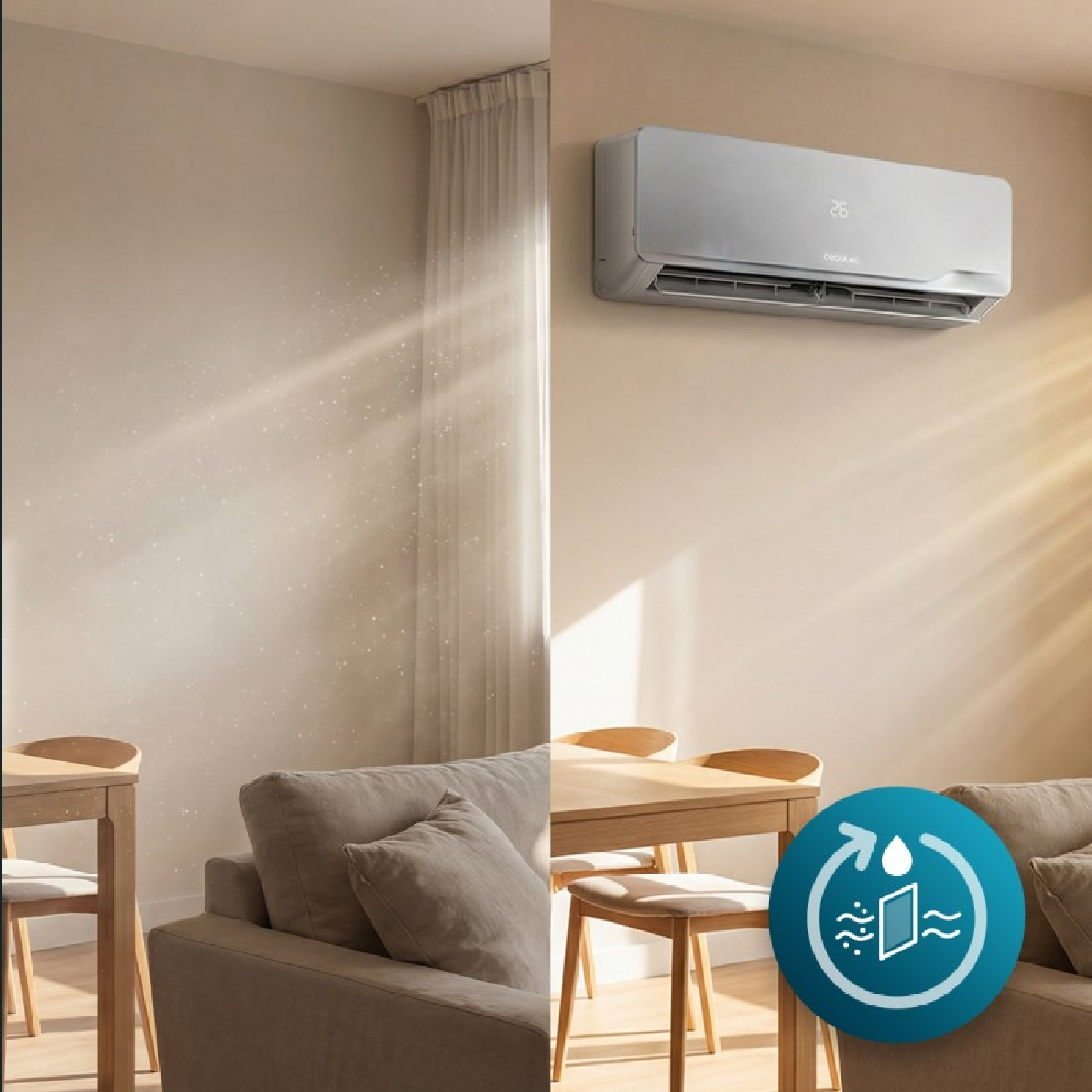 Una habitación luminosa con aire acondicionado, sofá, mesa de madera y luz solar.